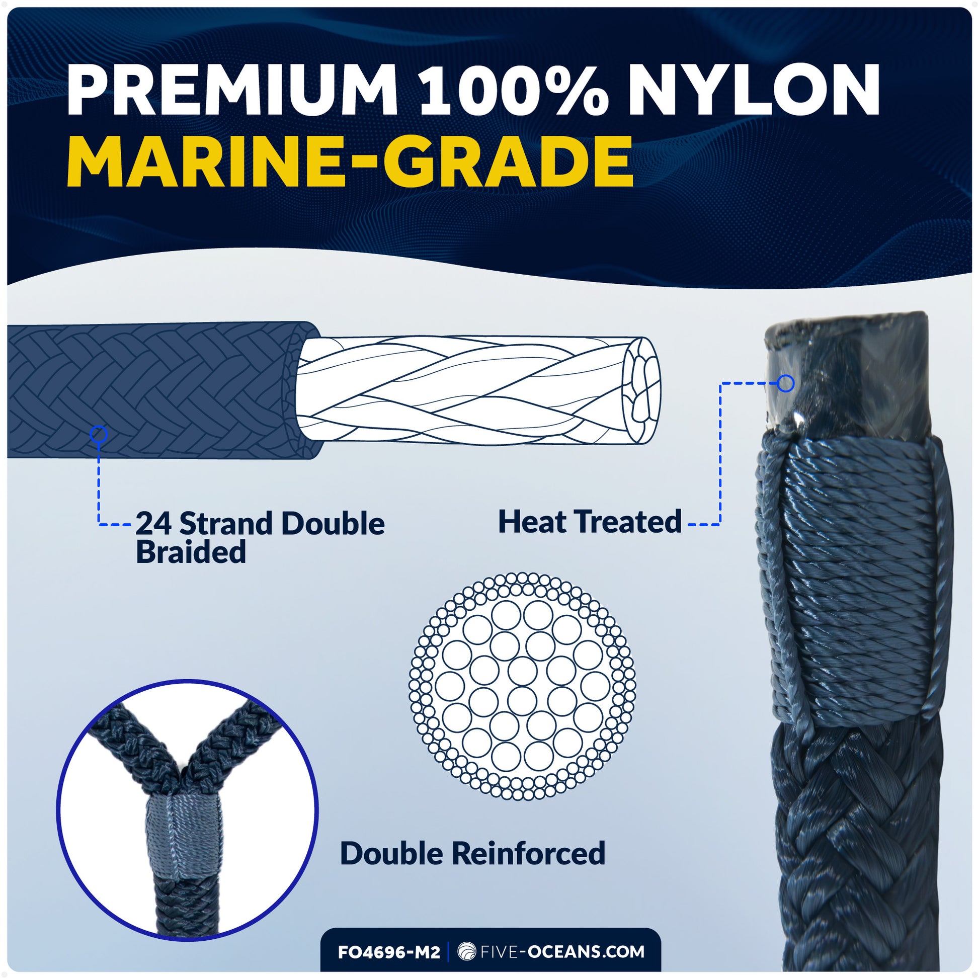 1/2" x 15' Boat Dock Lines with 12" Eyelet, Navy Blue Premium Double Braid Nylon, 8-Pack - FO4696-M2 - Five Oceans