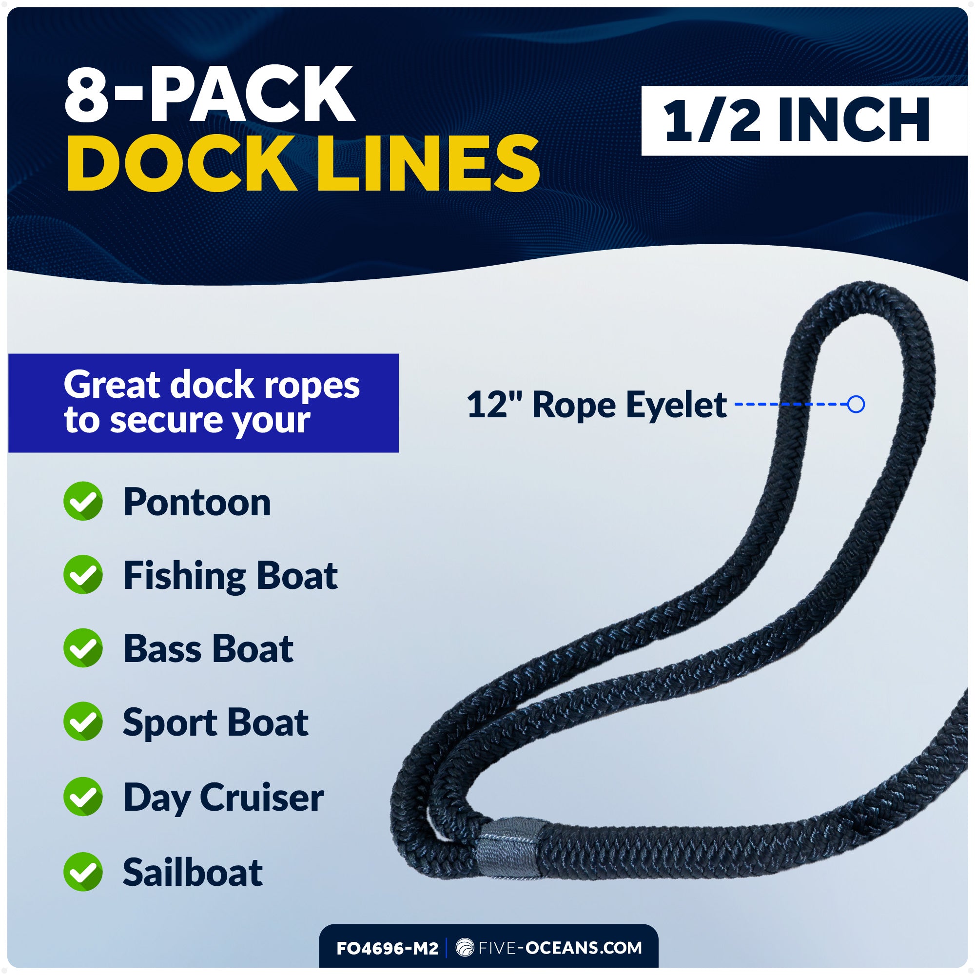 1/2" x 15' Boat Dock Lines with 12" Eyelet, Navy Blue Premium Double Braid Nylon, 8-Pack - FO4696-M2 - Five Oceans