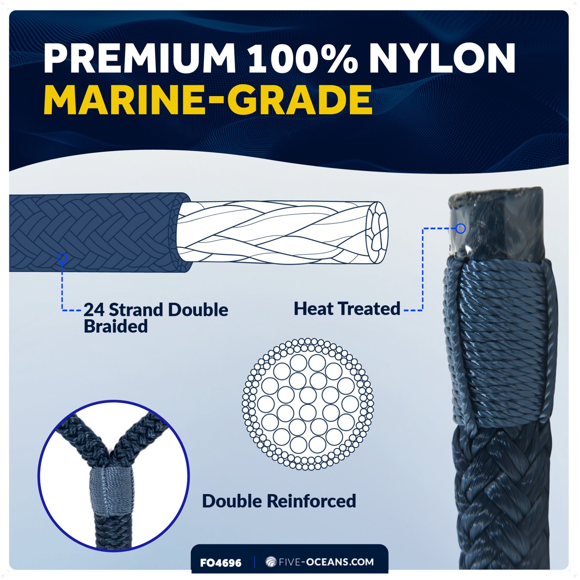 1/2" x 15' Boat Dock Lines with 12" Eyelet, Navy Blue Premium Double Braid Nylon, 4-Pack - FO4696 - Five Oceans