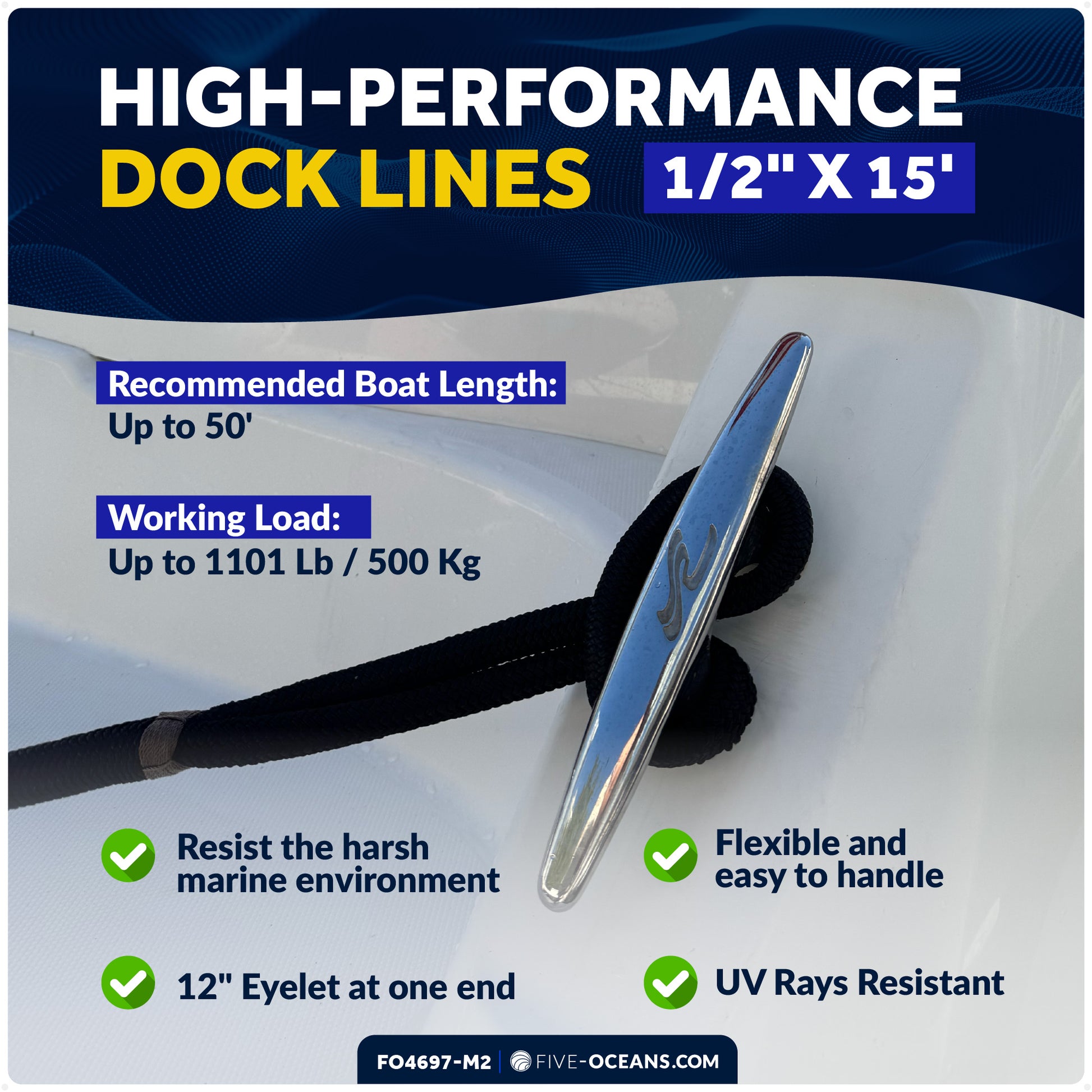 1/2" x 15' Boat Dock Lines with 12" Eyelet, Black Premium Double Braid Nylon, 8-Pack - FO4697-M2 - Five Oceans