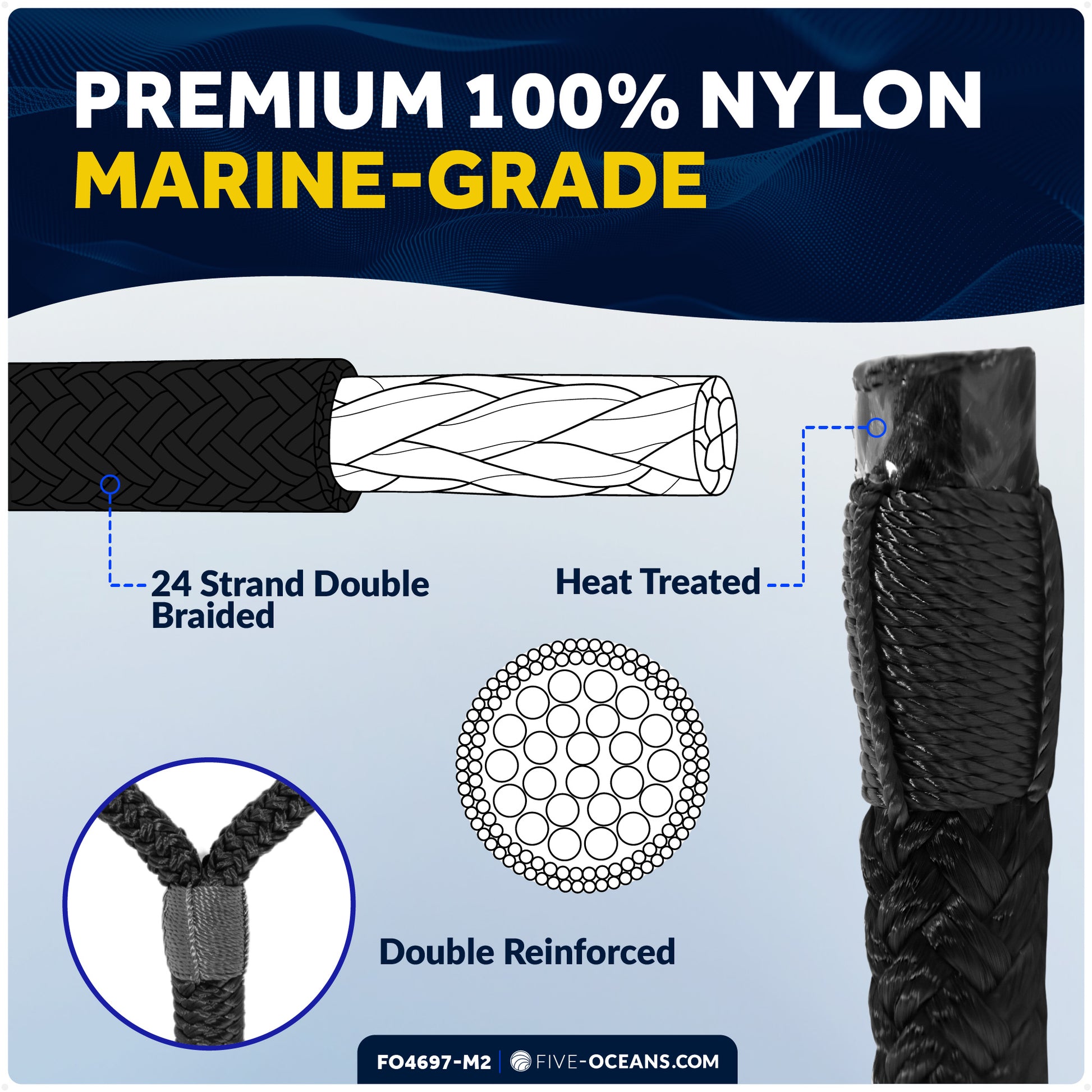 1/2" x 15' Boat Dock Lines with 12" Eyelet, Black Premium Double Braid Nylon, 8-Pack - FO4697-M2 - Five Oceans
