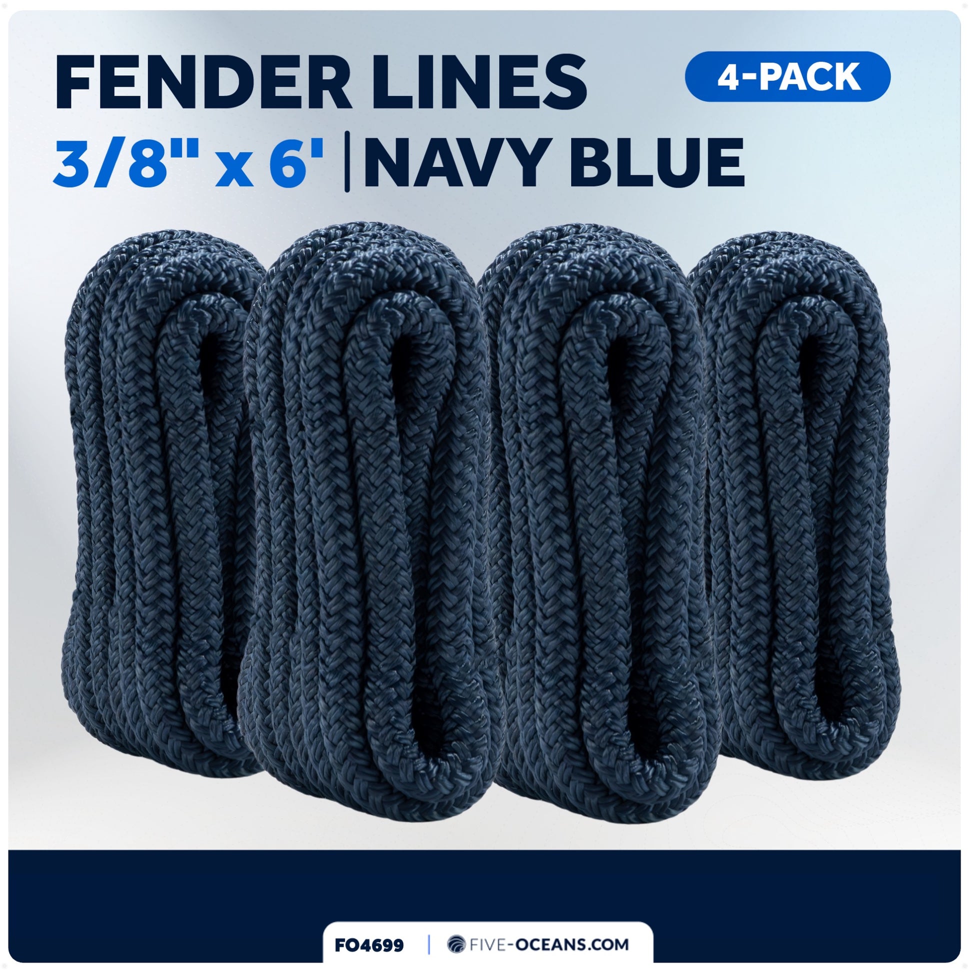 3/8" x 6' Boat Fender Lines with 5" Eyelet,  Navy Blue Premium Double Braid Nylon - FO4699 - Five Oceans