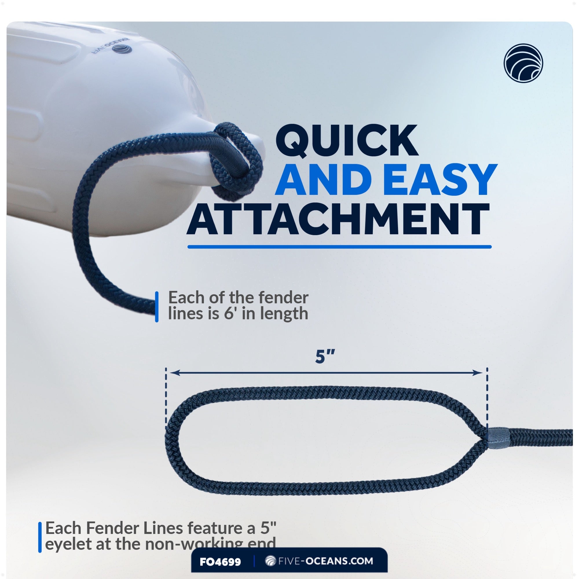 3/8" x 6' Boat Fender Lines with 5" Eyelet,  Navy Blue Premium Double Braid Nylon - FO4699 - Five Oceans