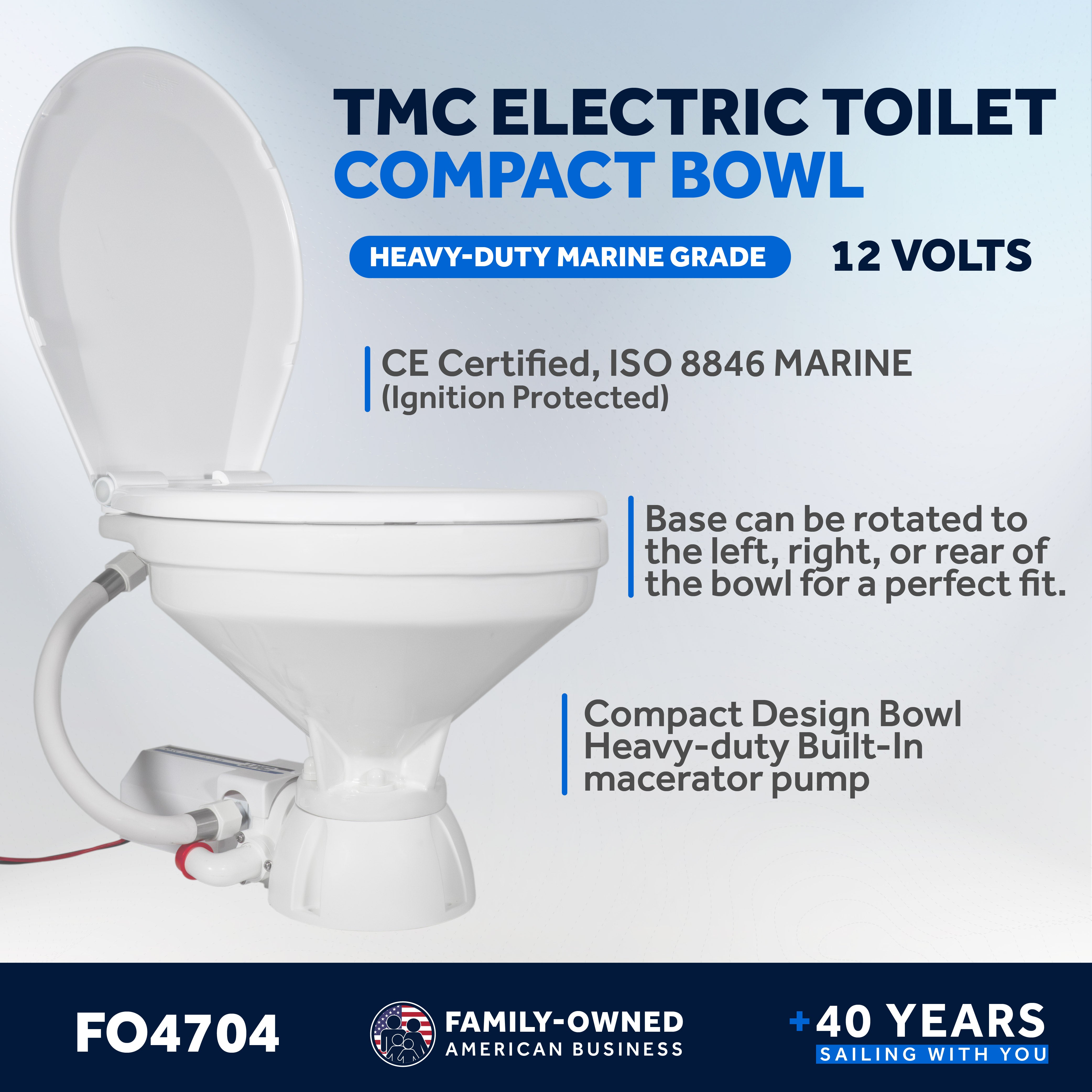 TMC Electric Toilet with Threaded-On Hose Connection, Compact Bowl, On-Off Flush Control 12V DC <BR><BR>- FO4704