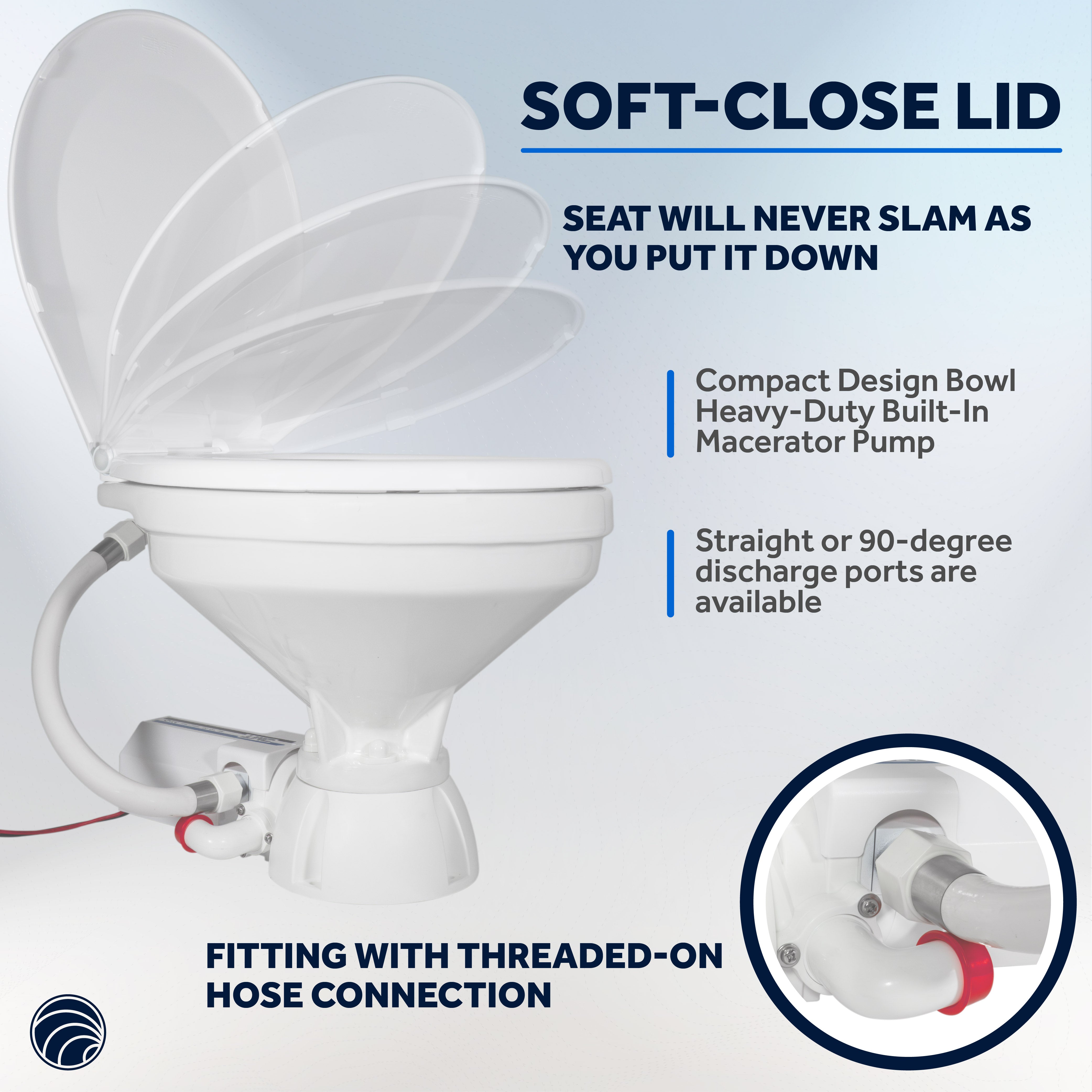 TMC Electric Toilet with Threaded-On Hose Connection, Compact Bowl, Smart Flush Control 12V DC <BR><BR>- FO4705