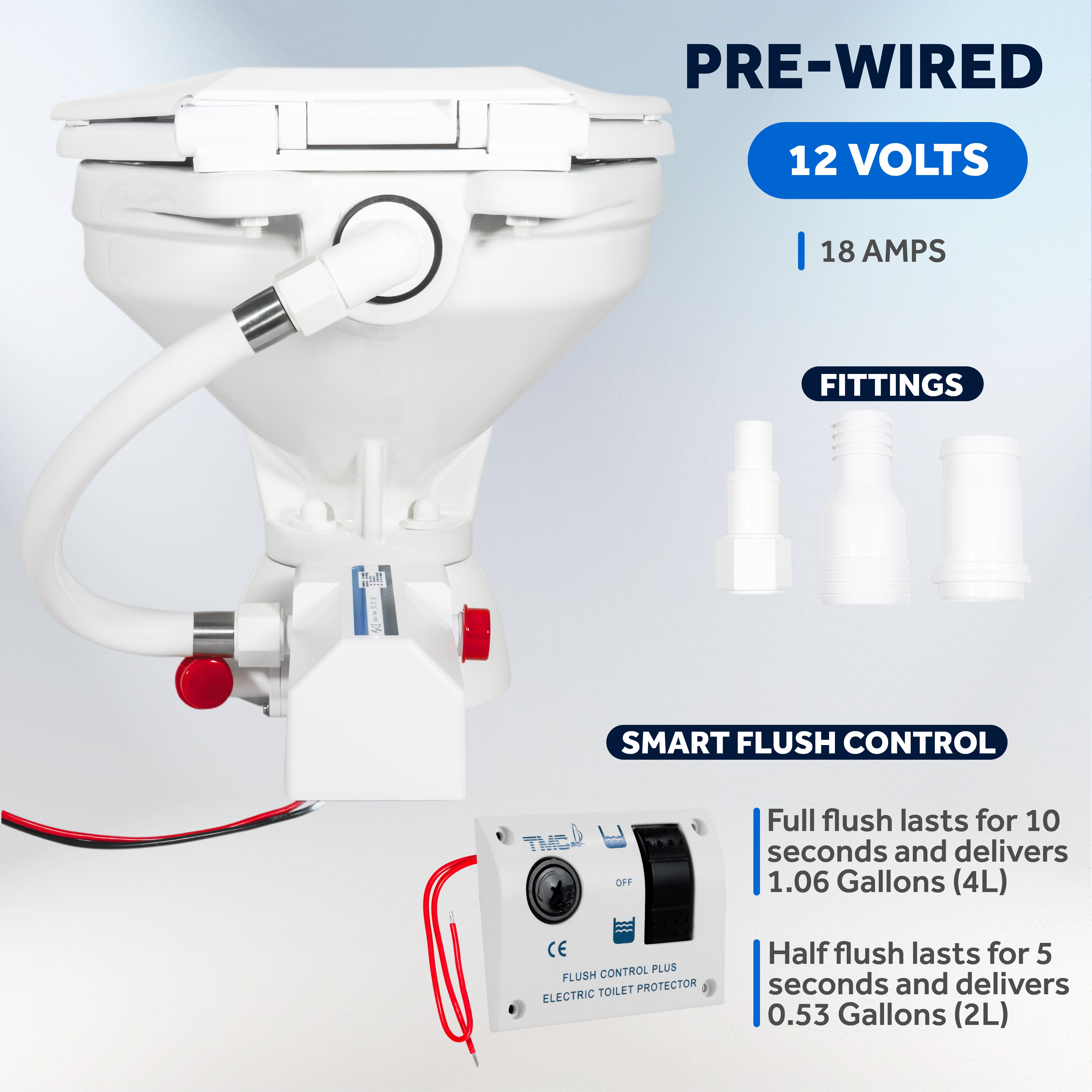 TMC Electric Toilet with Threaded-On Hose Connection, Compact Bowl, Smart Flush Control 12V DC <BR><BR>- FO4705
