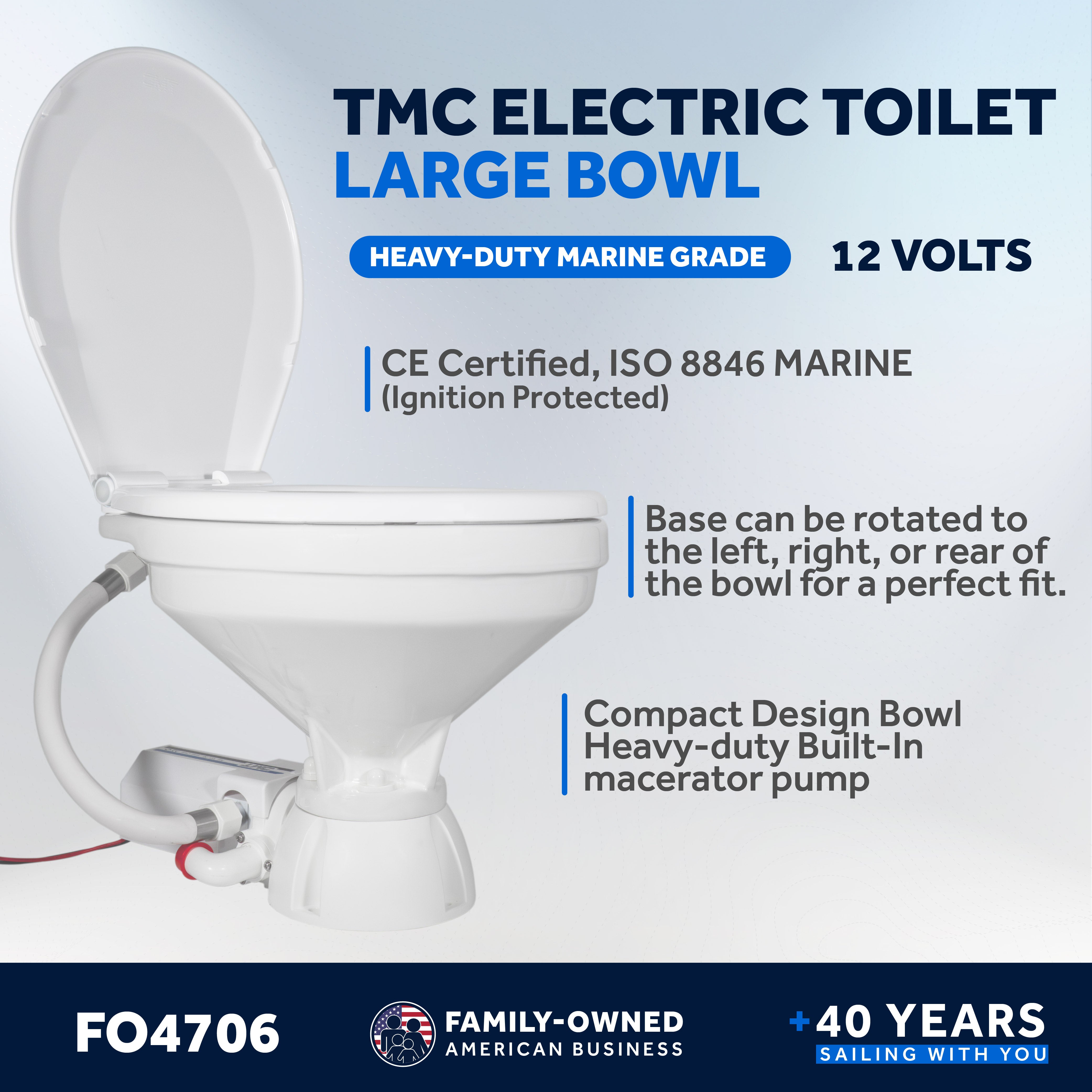 TMC Electric Toilet with Threaded-On Hose Connection, Large Bowl, Smart Flush Control 12V DC <BR><BR>- FO4706