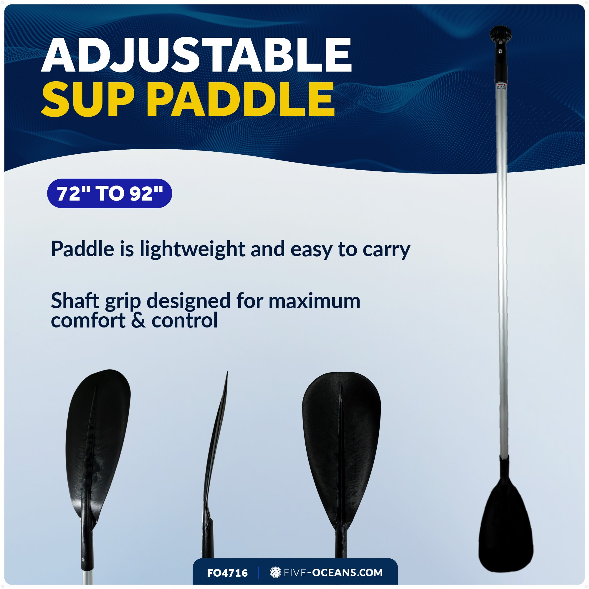 SUP Paddle - Adjustable Aluminum Shaft from 72" to 92", Black - FO4716