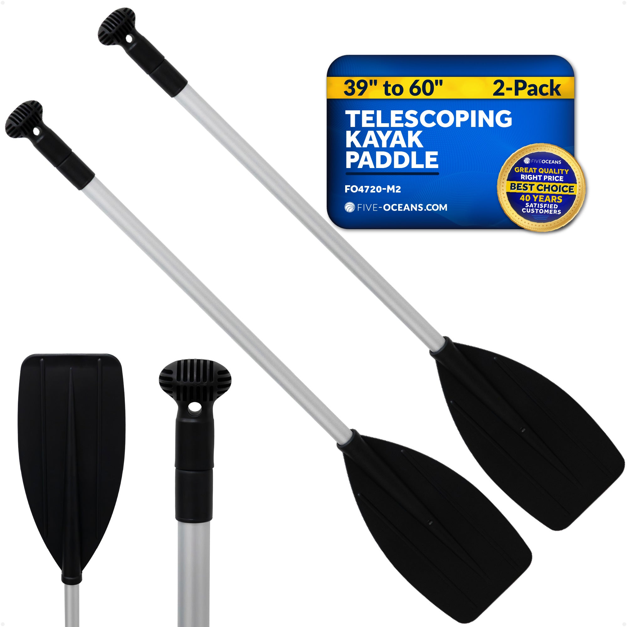 Telescopic Canoe Paddle, Extends from 39" to 60", Round Grip - 2-Pack - FO4720-M2