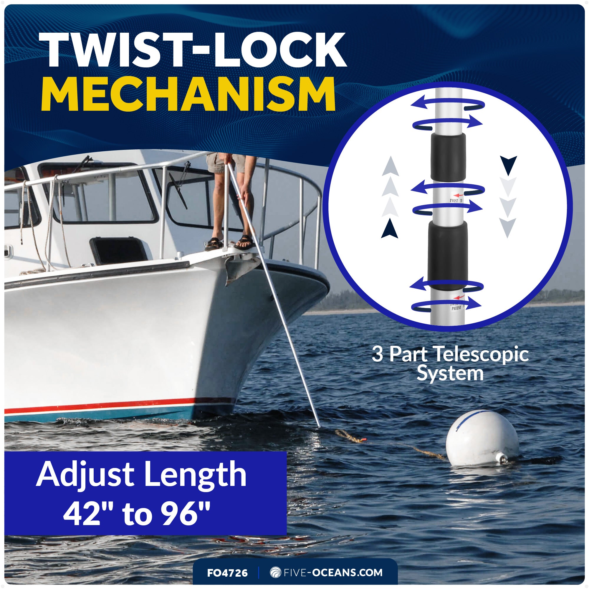 Telescopic Boat Hook with Screw On Boat Hook Top - Extend from 42" - 96" - 3 Piece - FO4726