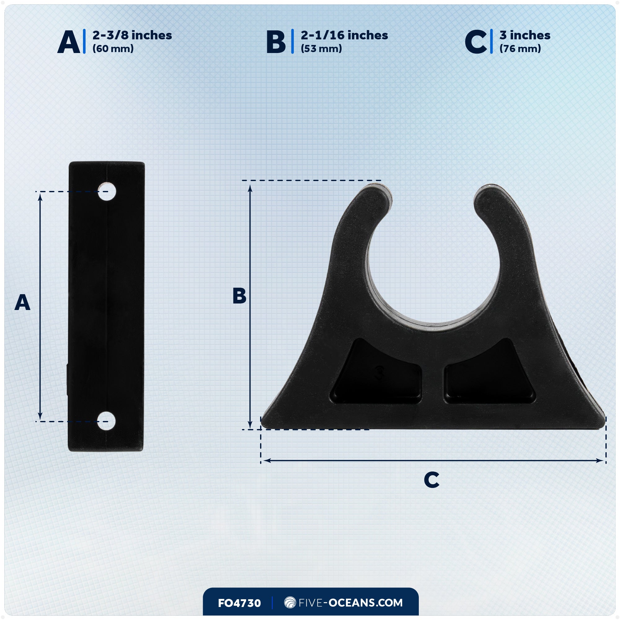 Boat Paddle Holder Clip, Black Rubber - 2-Pack - FO4730