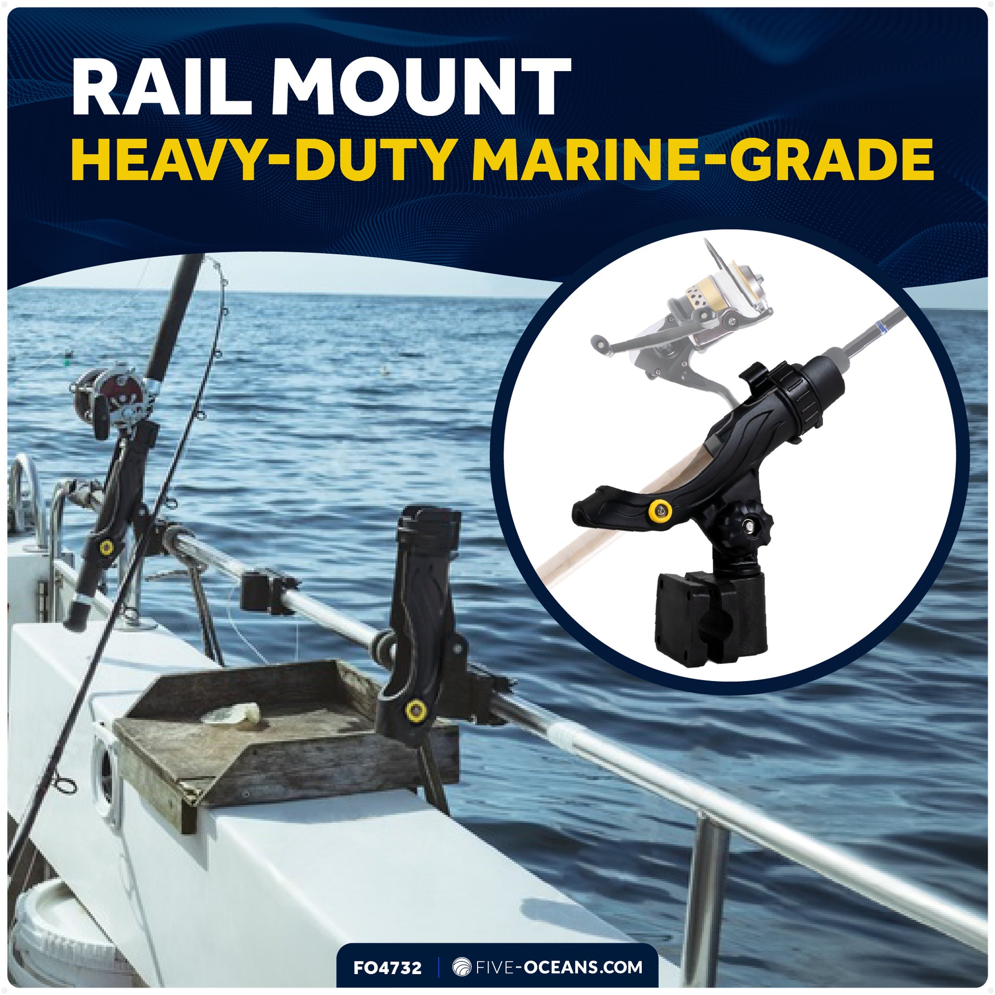 Fishing Rod Holder with Rail Mount, Large, Black - FO4732 - Five Oceans