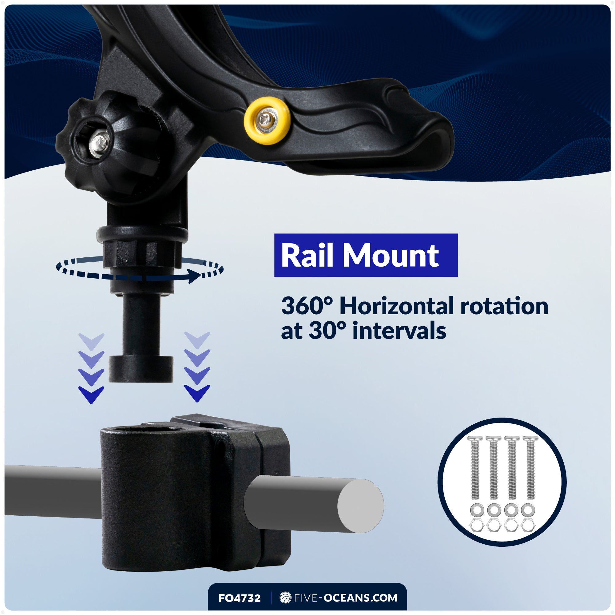 Fishing Rod Holder with Rail Mount, Large, Black - FO4732 - Five Oceans