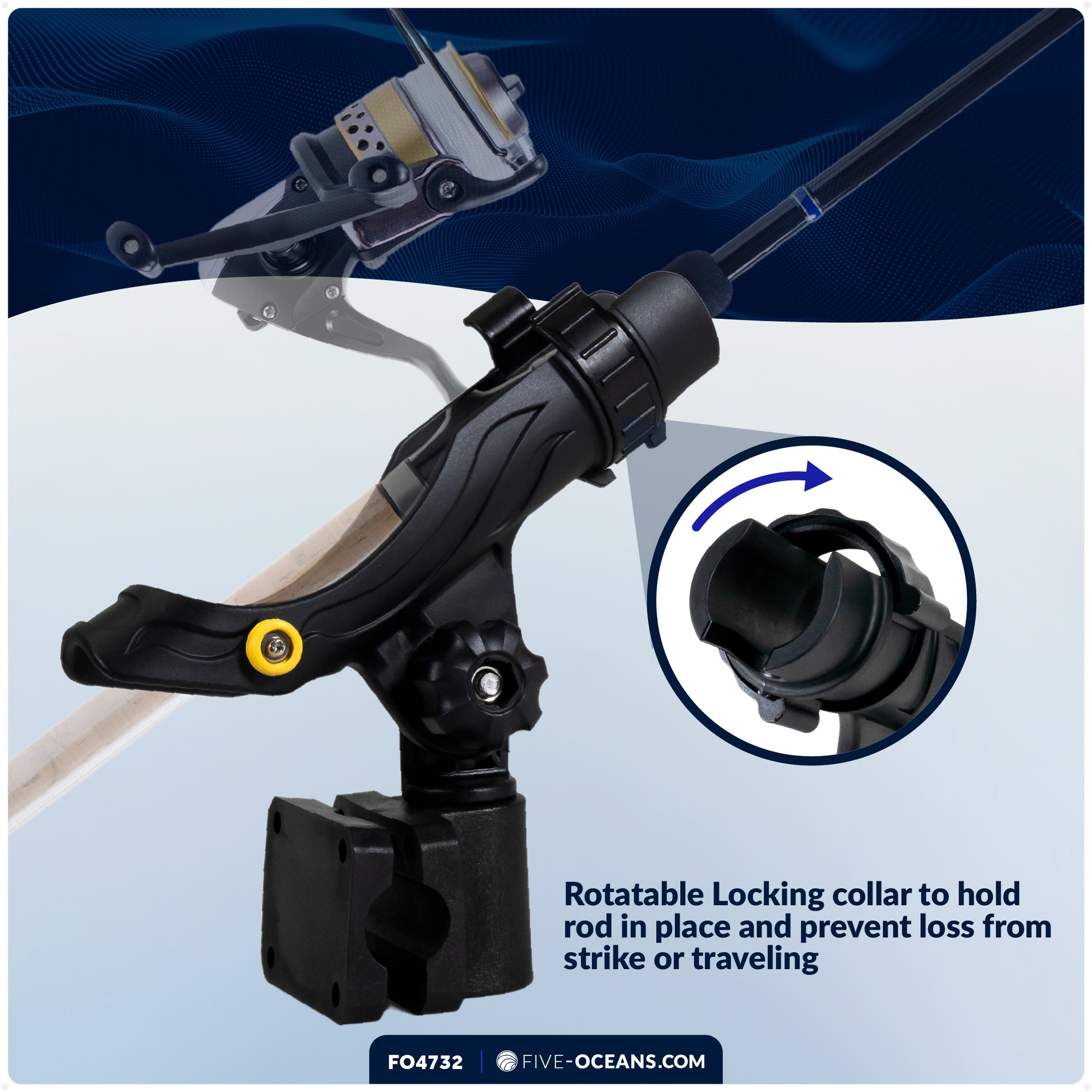 Fishing Rod Holder with Rail Mount, Large, Black - FO4732 - Five Oceans