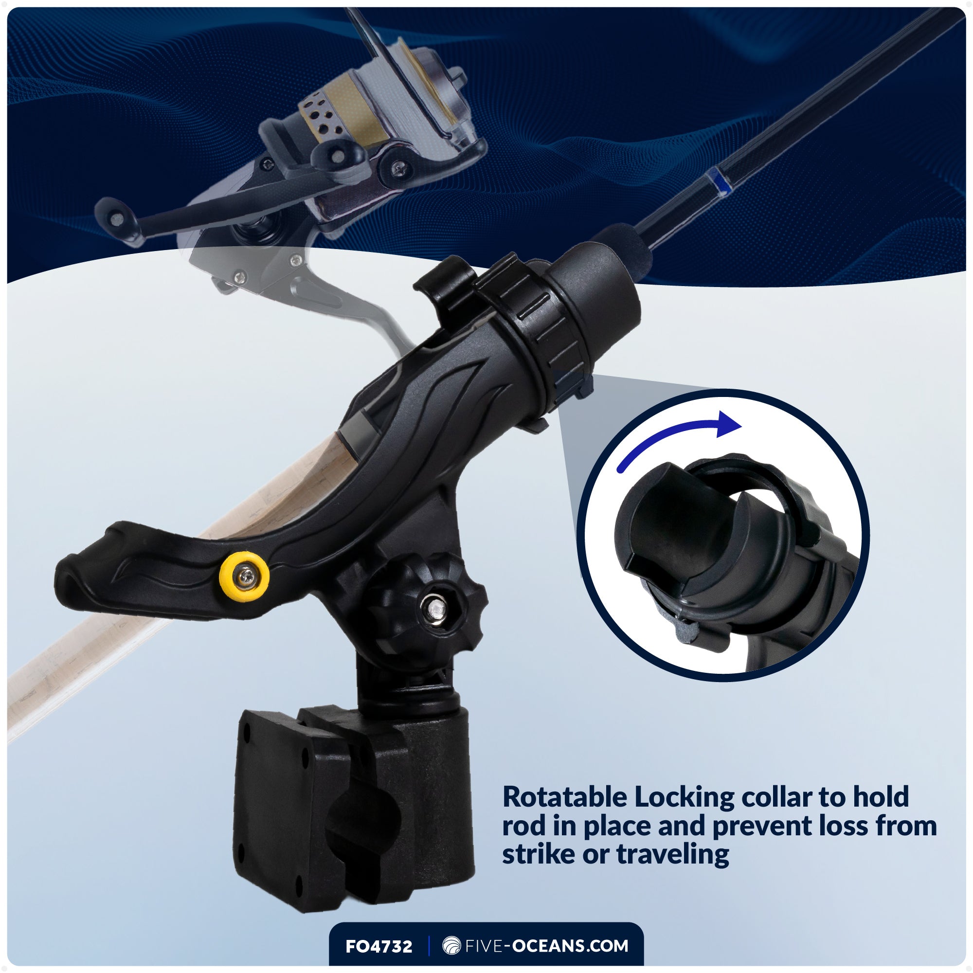 Fishing Rod Holder with Rail Mount, Large, Black - FO4732 - Five Oceans
