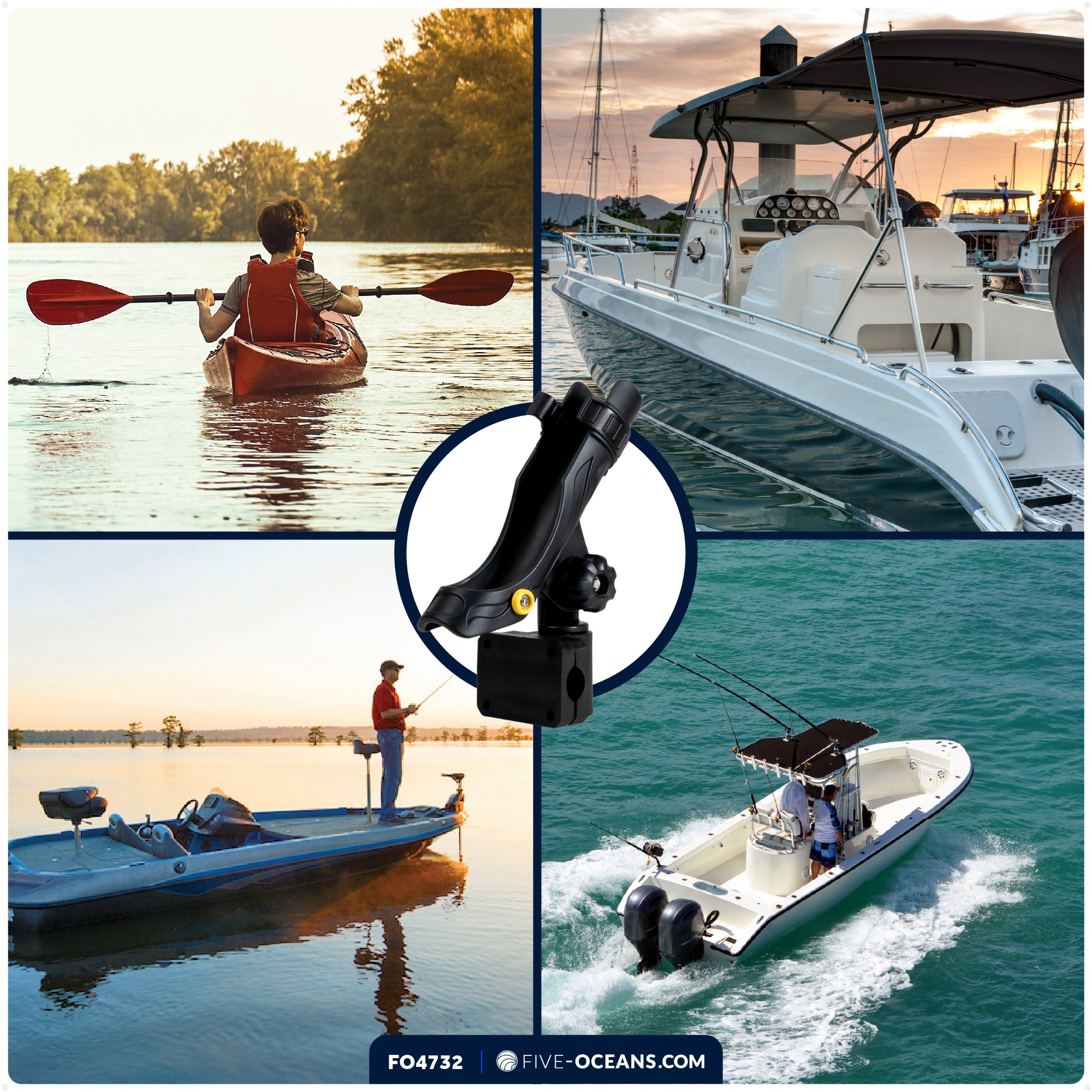 Fishing Rod Holder with Rail Mount, Large, Black - FO4732 - Five Oceans