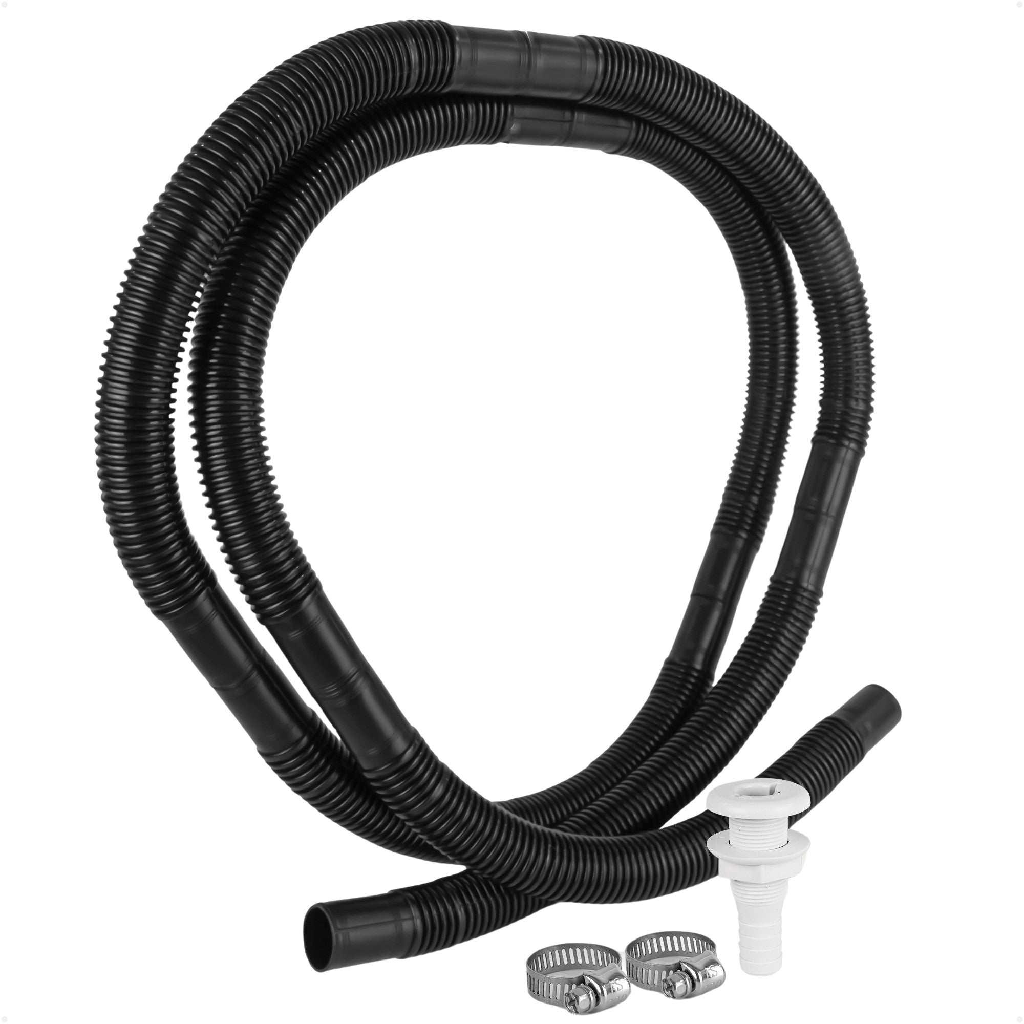 Bilge Pump Plumbing Kit, 8' Black PVC Hose 1-1/8", 2 Hose Clamps, Thru-Hull Fitting - FO4752