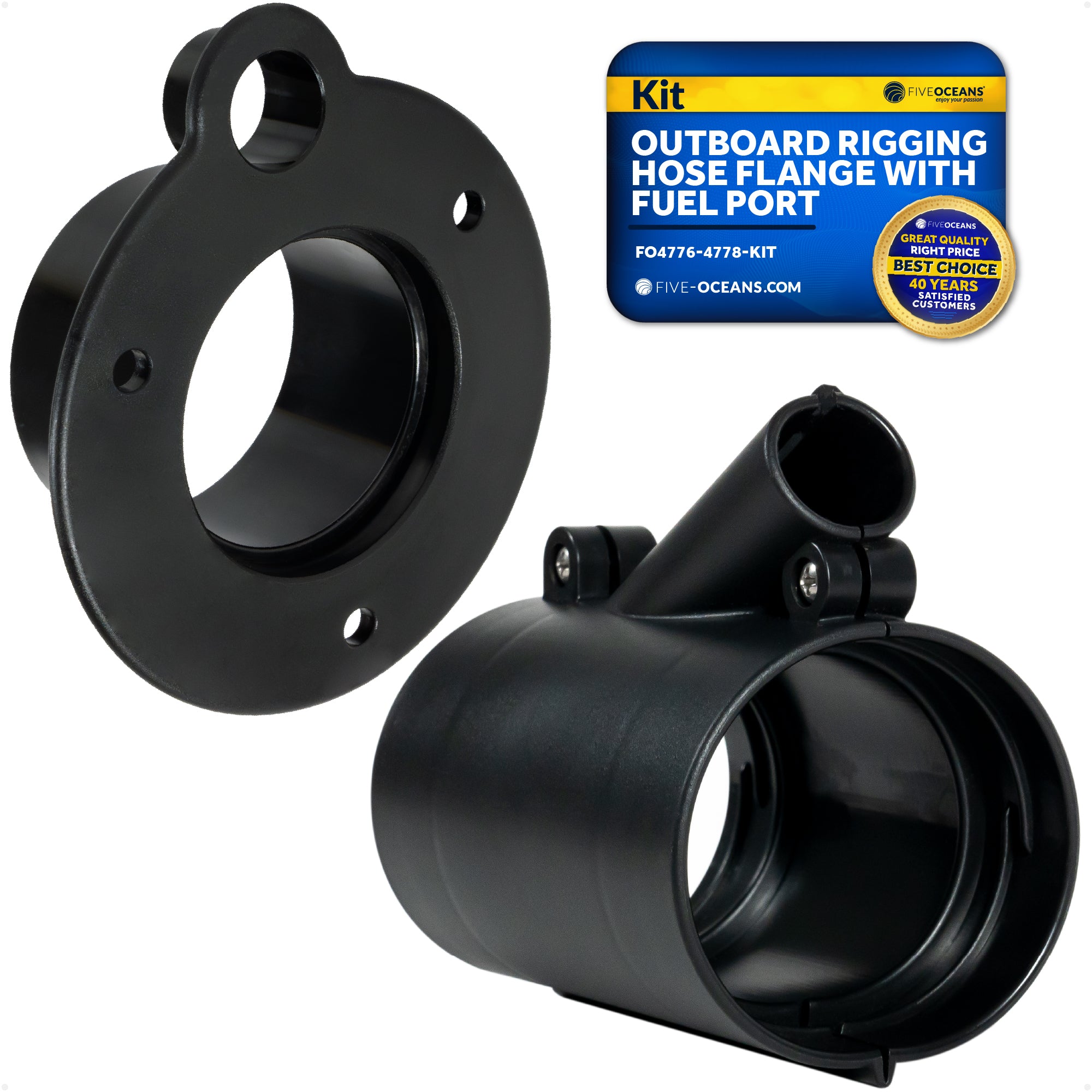Outboard Rigging Flange with Fuel Hose Port and Hose Union Kit, Black - FO4776-4778-KIT - Five Oceans
