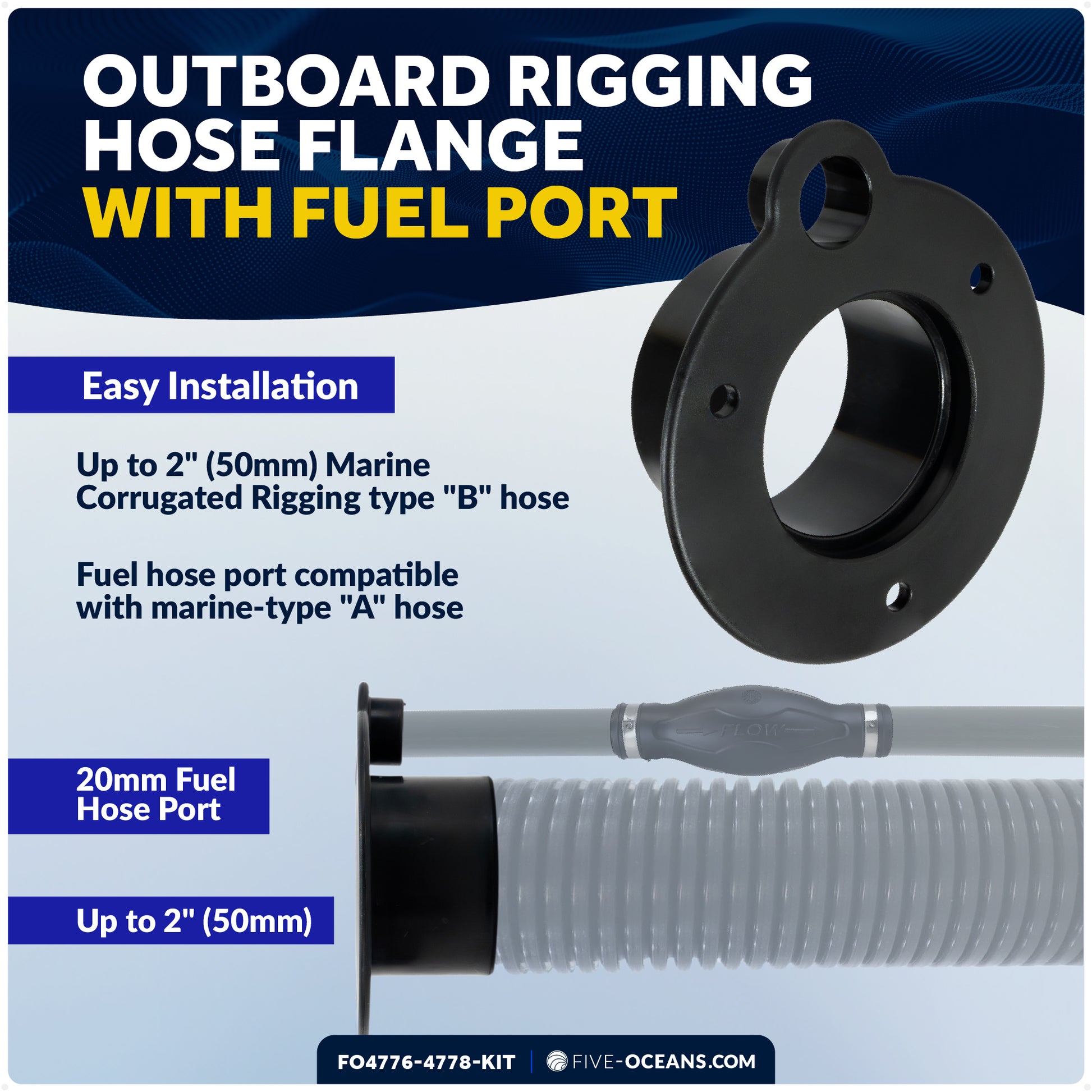 Outboard Rigging Flange with Fuel Hose Port and Hose Union Kit, Black - FO4776-4778-KIT - Five Oceans