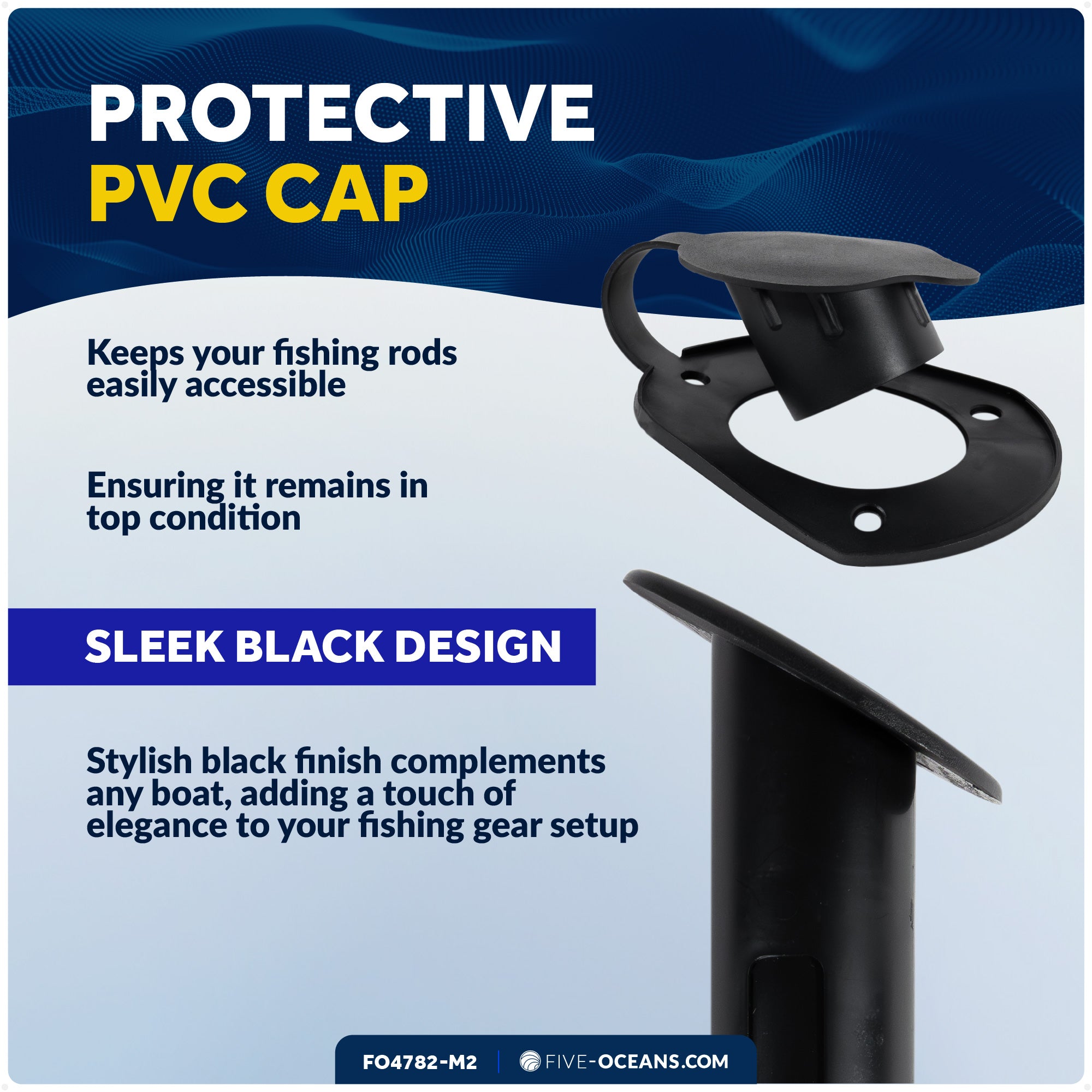 60-Degree Fishing Rod Holder Oval-Flange with PVC Cap - Black, 2-Pack - FO4782-M2