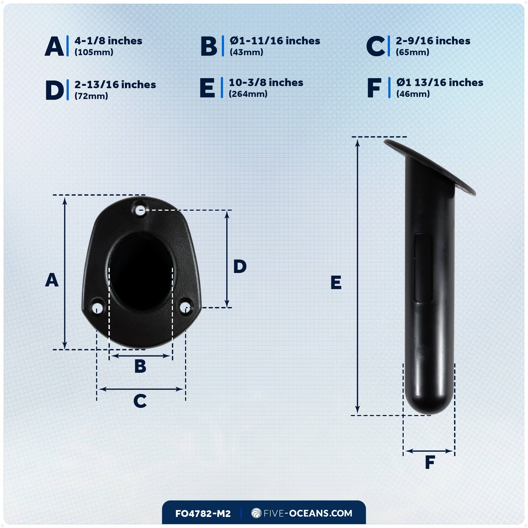 60-Degree Fishing Rod Holder Oval-Flange with PVC Cap - Black, 2-Pack - FO4782-M2