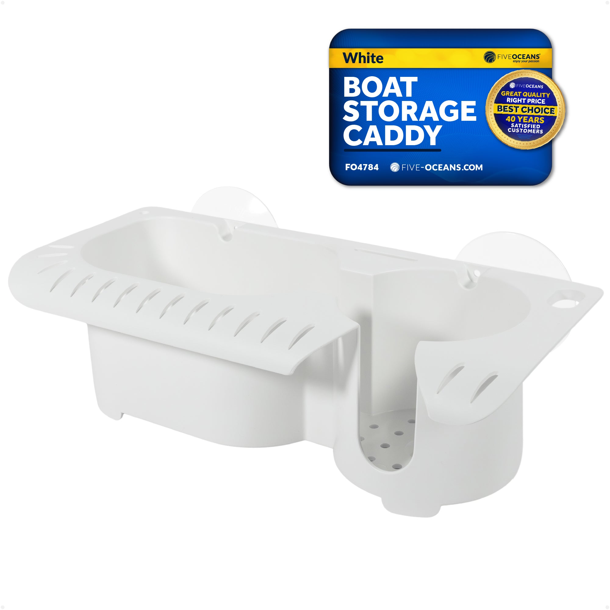 Boat Storage Caddy Organizer with Cup Holder, Drainage, Knife, Plier & 16 Lure Holders, White - FO4784