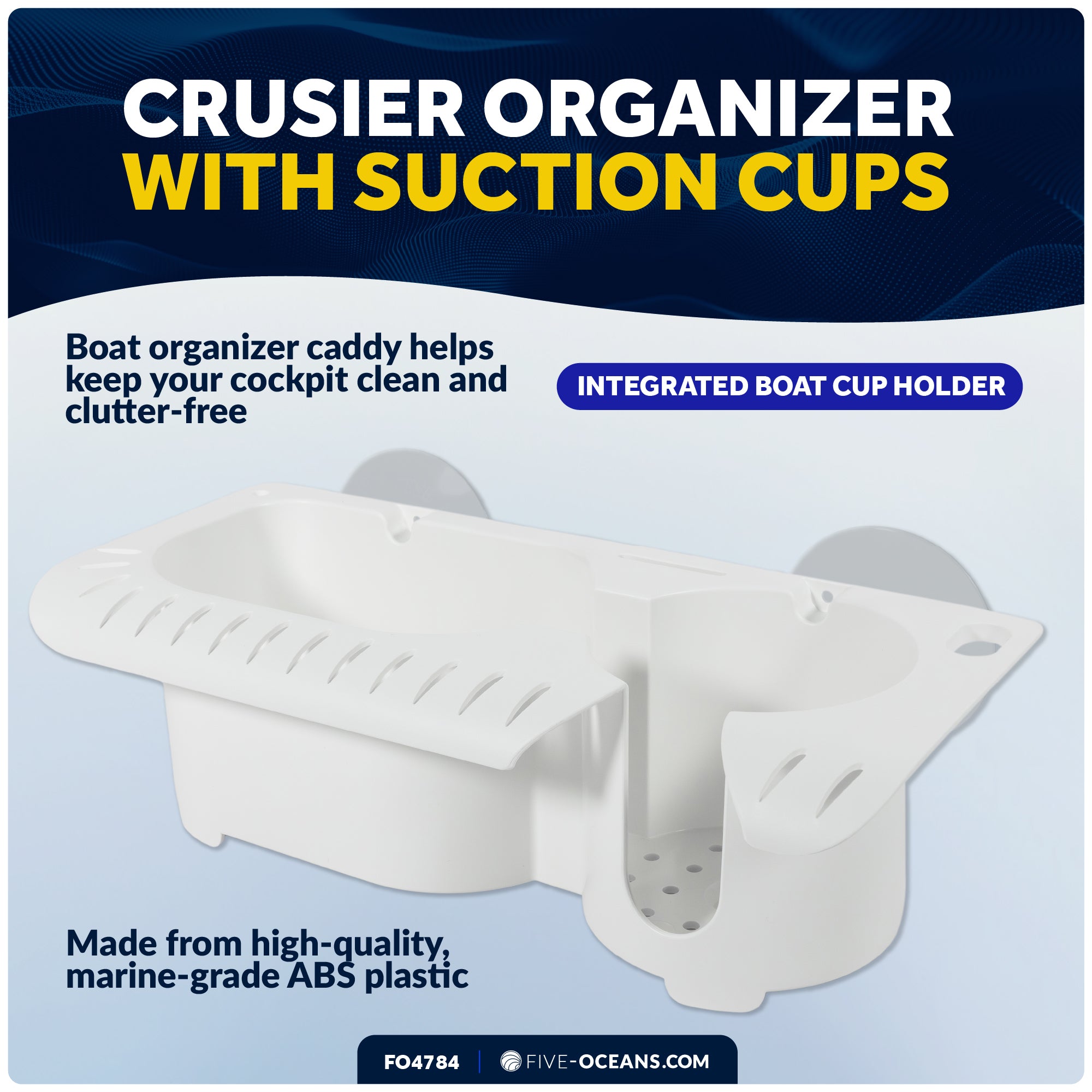 Boat Storage Caddy Organizer with Cup Holder, Drainage, Knife, Plier & 16 Lure Holders, White - FO4784