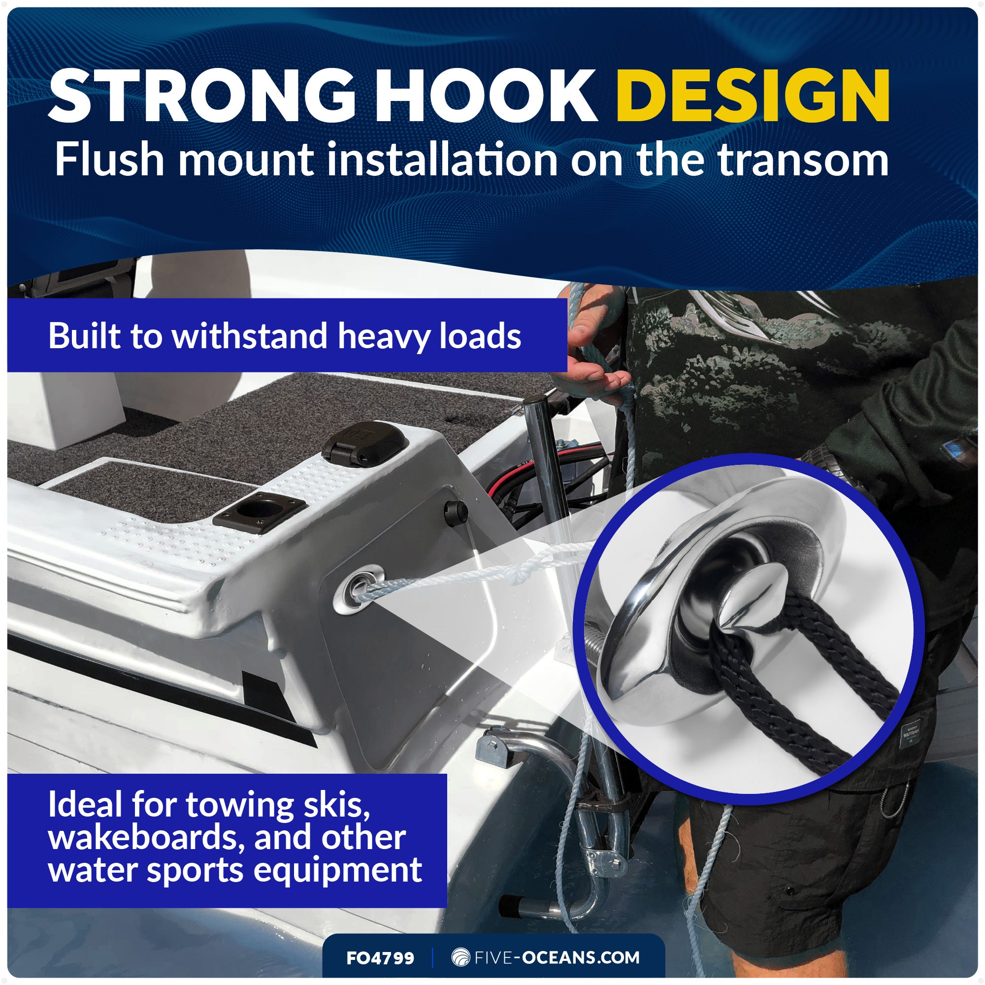 Flush Mount Transom Ski Tow Hook, Stainless Steel - FO4799