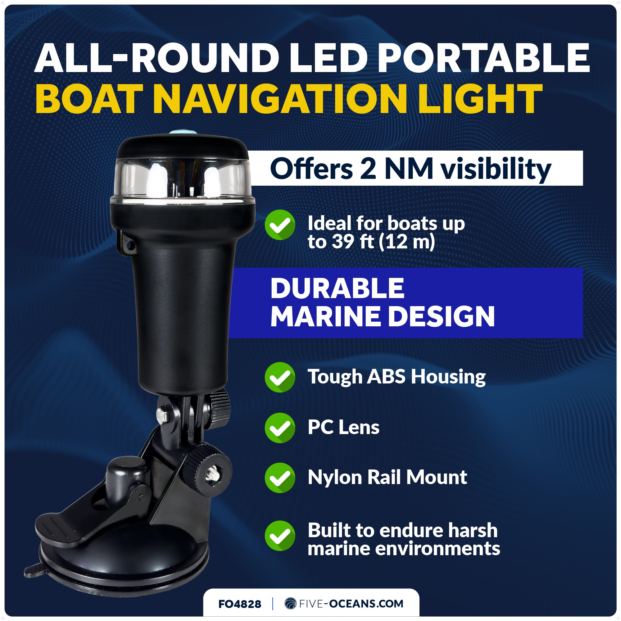 LED Portable All-Round Boat Navigation Light, Suction Cup Base, IP67 Waterproof, Battery-Powered - FO4828 - Five Oceans