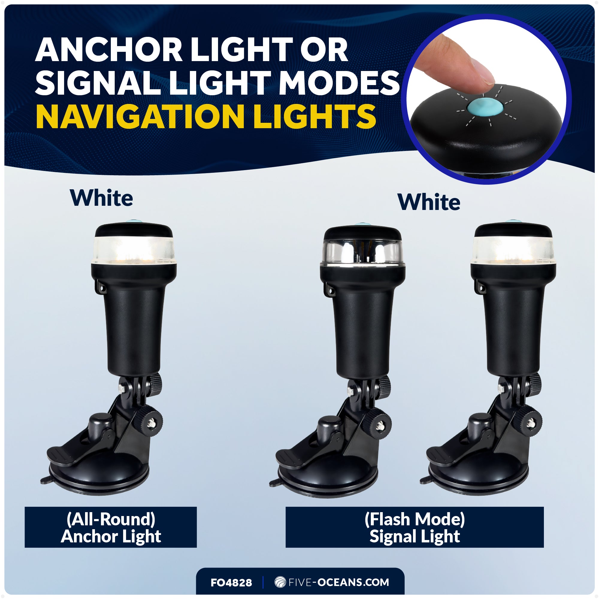 LED Portable All-Round Boat Navigation Light, Suction Cup Base, IP67 Waterproof, Battery-Powered - FO4828 - Five Oceans