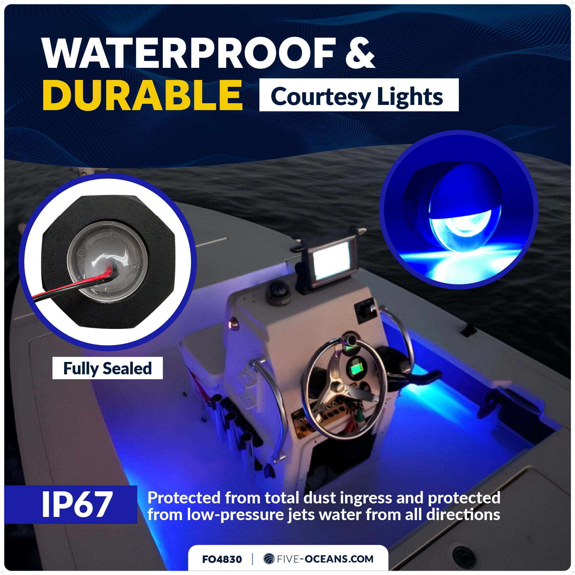 2" RGBW LED Courtesy Lights, Stainless Steel Cap, IP67 Waterproof, 12V, 2-Pack - FO4830 - Five Oceans