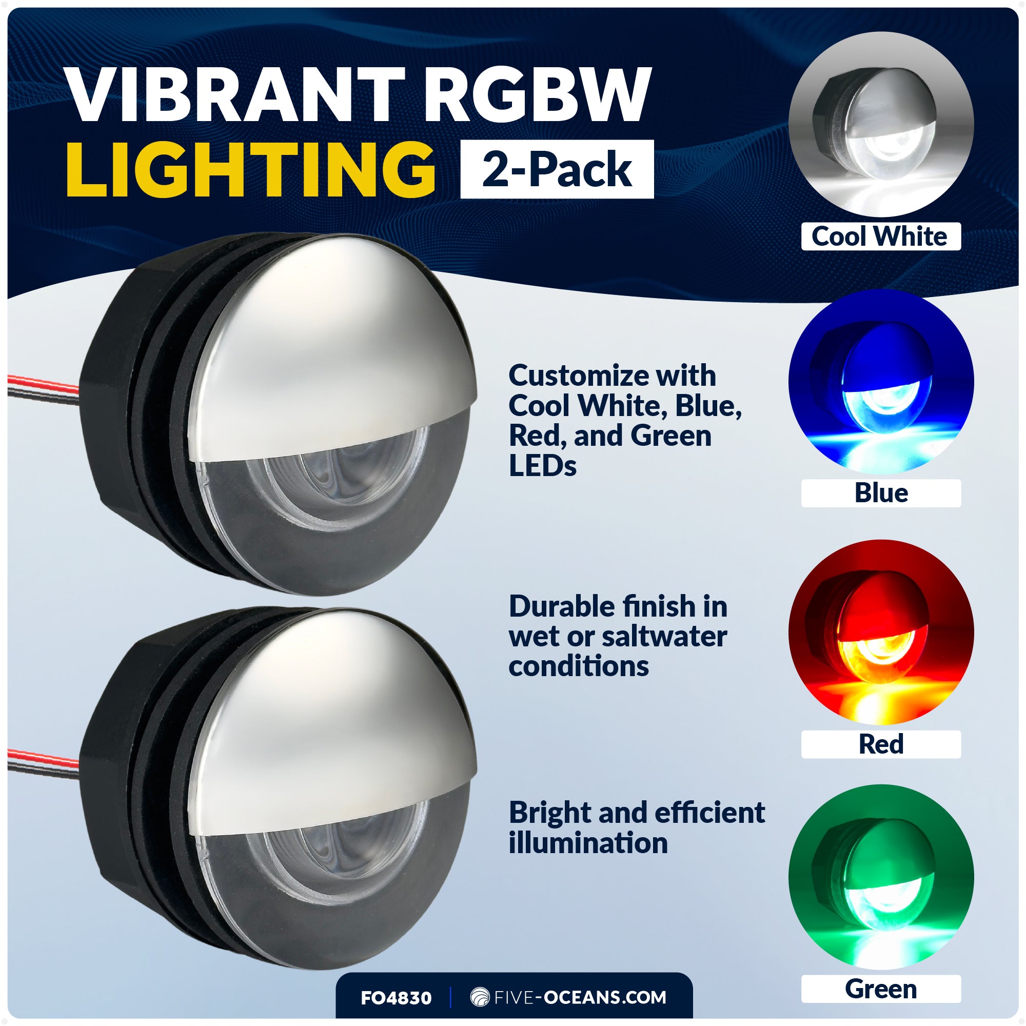 2" RGBW LED Courtesy Lights, Stainless Steel Cap, IP67 Waterproof, 12V, 2-Pack - FO4830 - Five Oceans