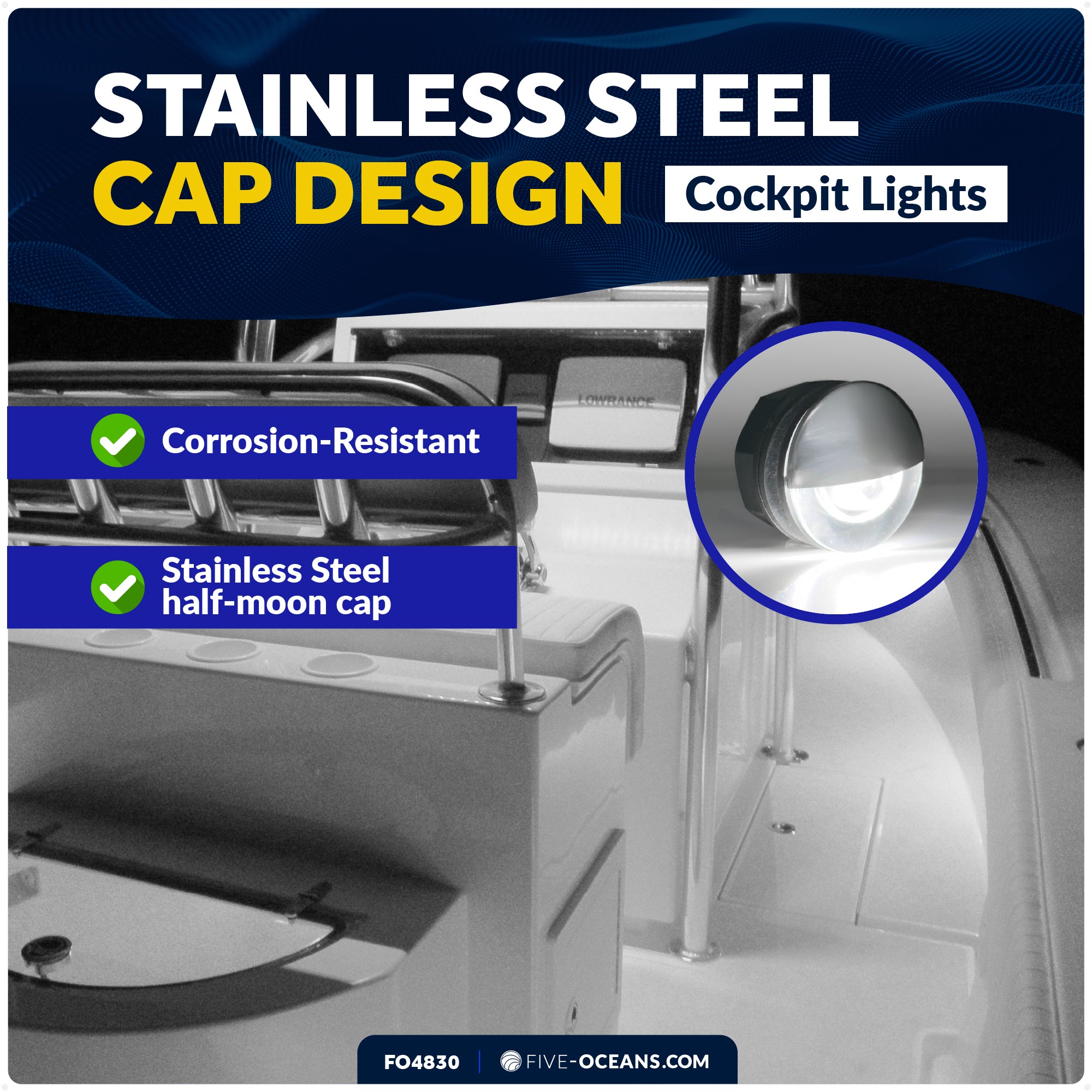 2" RGBW LED Courtesy Lights, Stainless Steel Cap, IP67 Waterproof, 12V, 2-Pack - FO4830 - Five Oceans