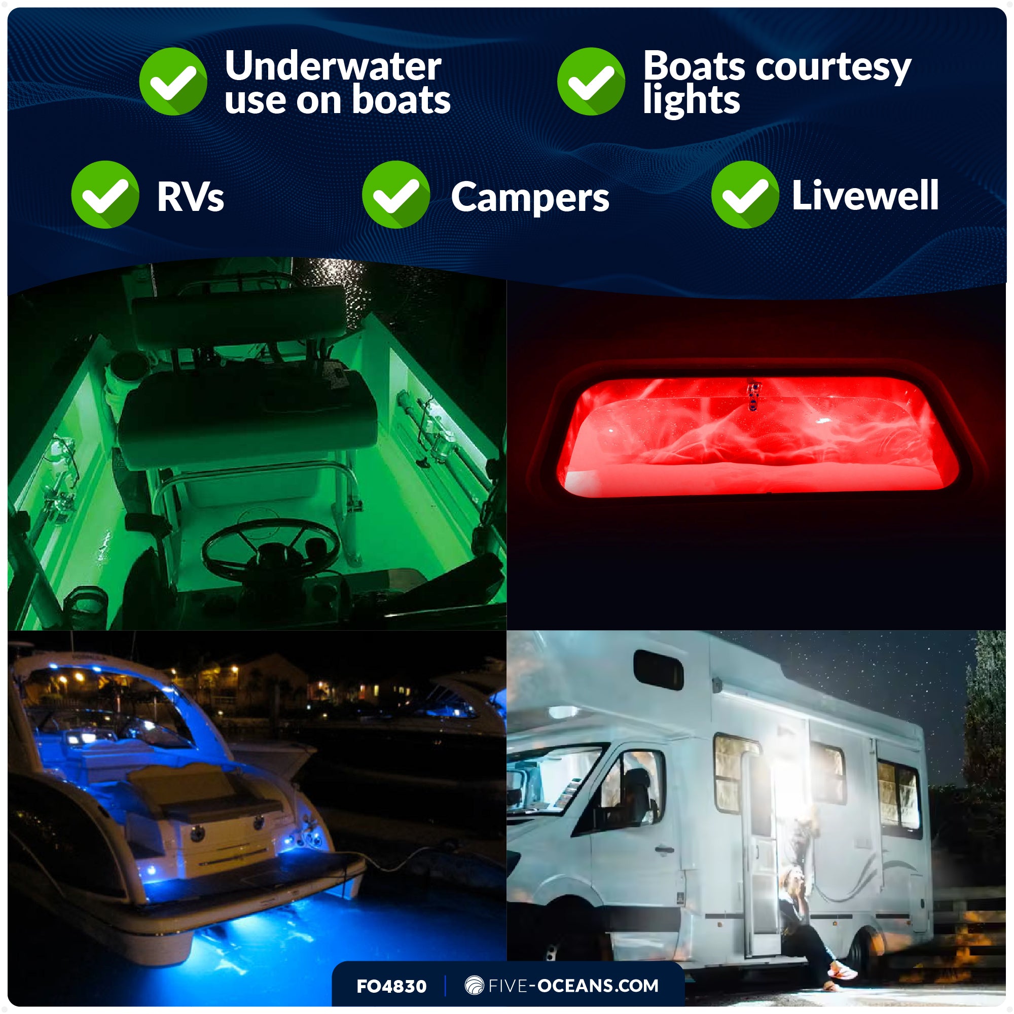2" RGBW LED Courtesy Lights, Stainless Steel Cap, IP67 Waterproof, 12V, 2-Pack - FO4830 - Five Oceans