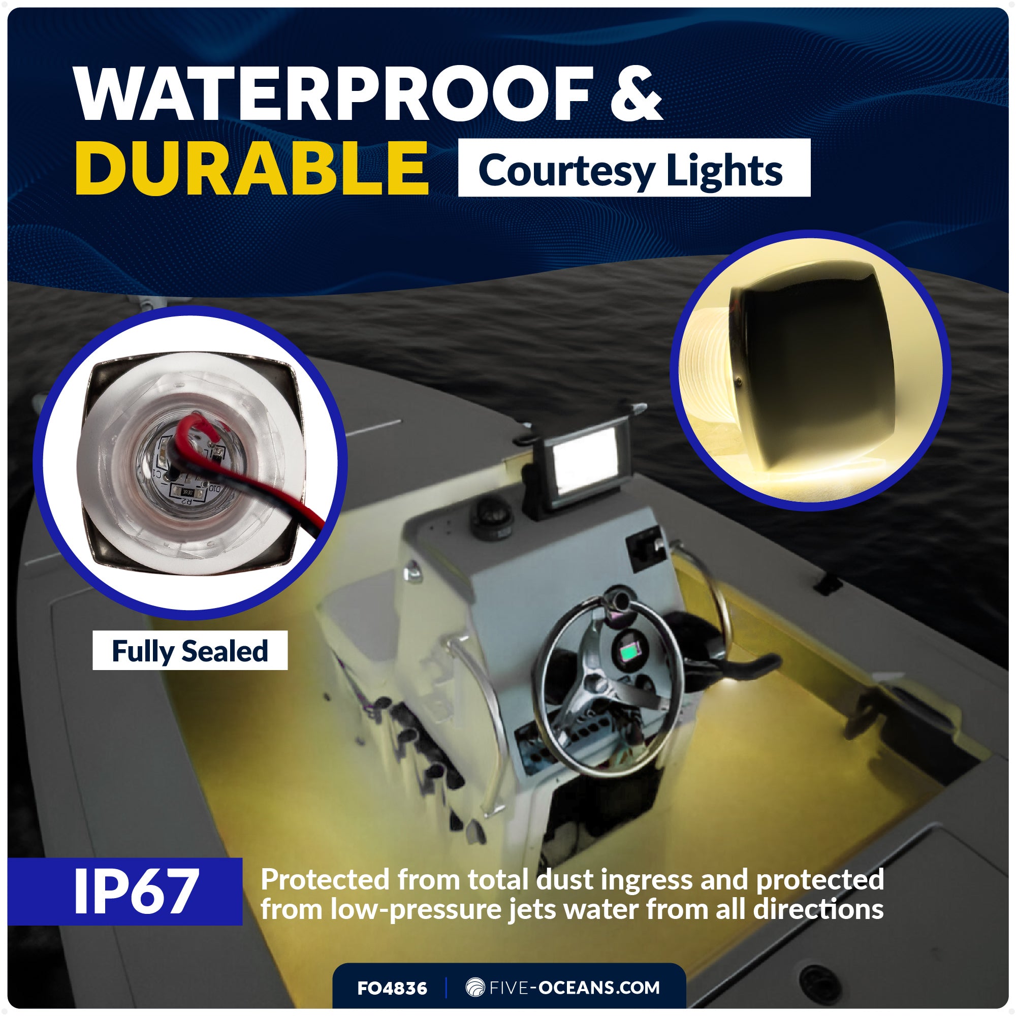 1-5/16" Square LED Courtesy Lights, Warm White 16LM, IP67 Waterproof, 12V, 4-Pack - FO4836 - Five Oceans