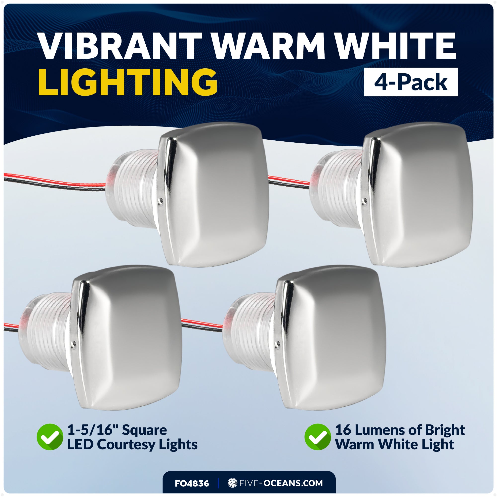 1-5/16" Square LED Courtesy Lights, Warm White 16LM, IP67 Waterproof, 12V, 4-Pack - FO4836 - Five Oceans