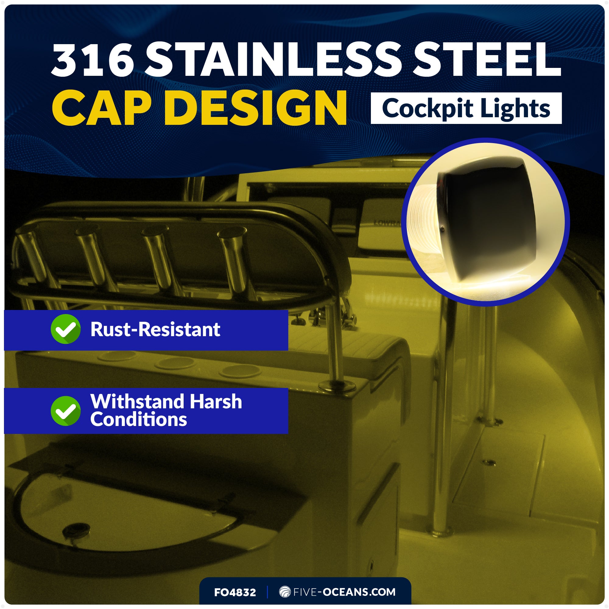 1-5/16" Square LED Courtesy Lights, Warm White 16LM, IP67 Waterproof, 12V, 4-Pack - FO4836 - Five Oceans