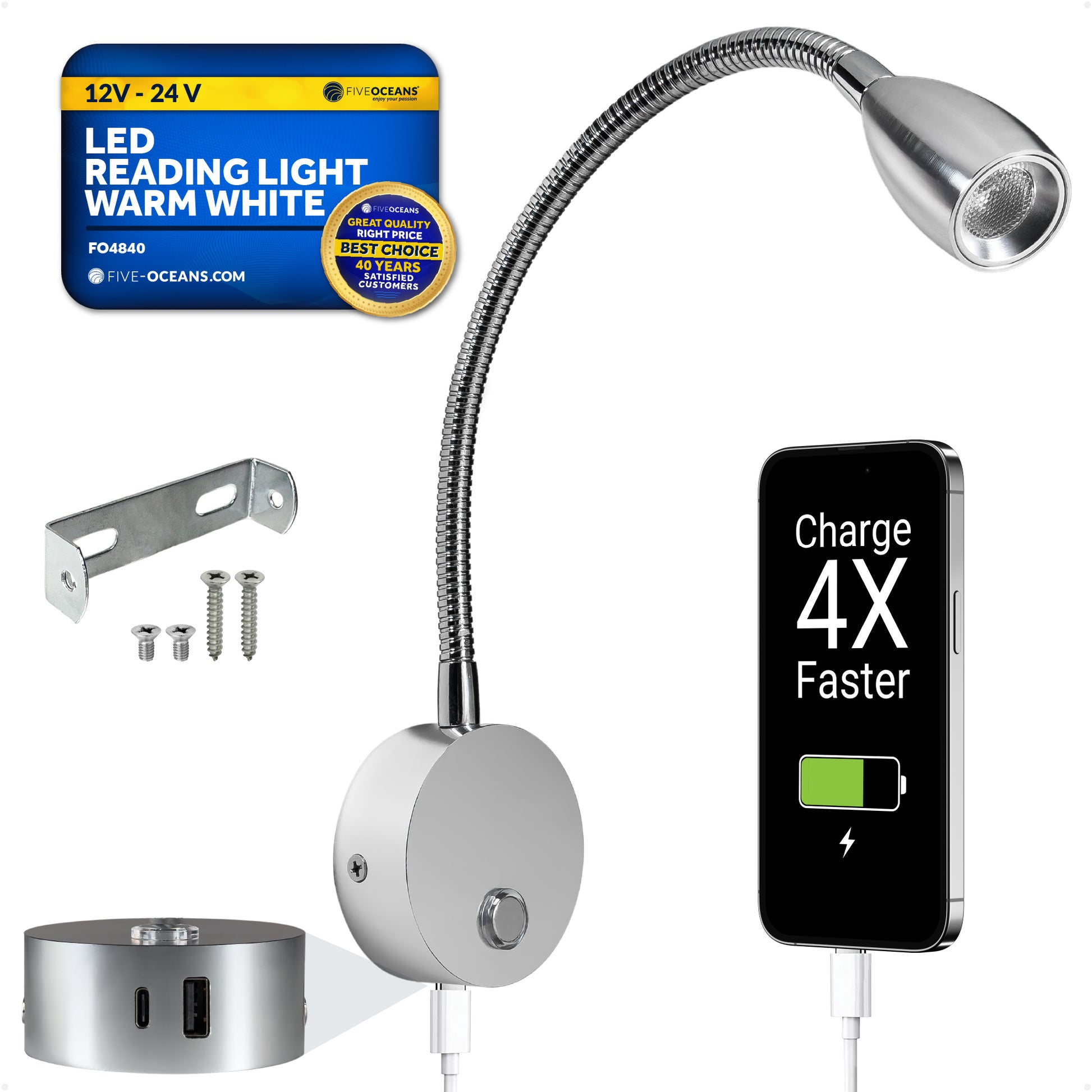 RV LED Reading Light, Touch Dimmer, USB-A/C, Warm White, 200 LM, 10-30V DC- FO4840 - Five Oceans