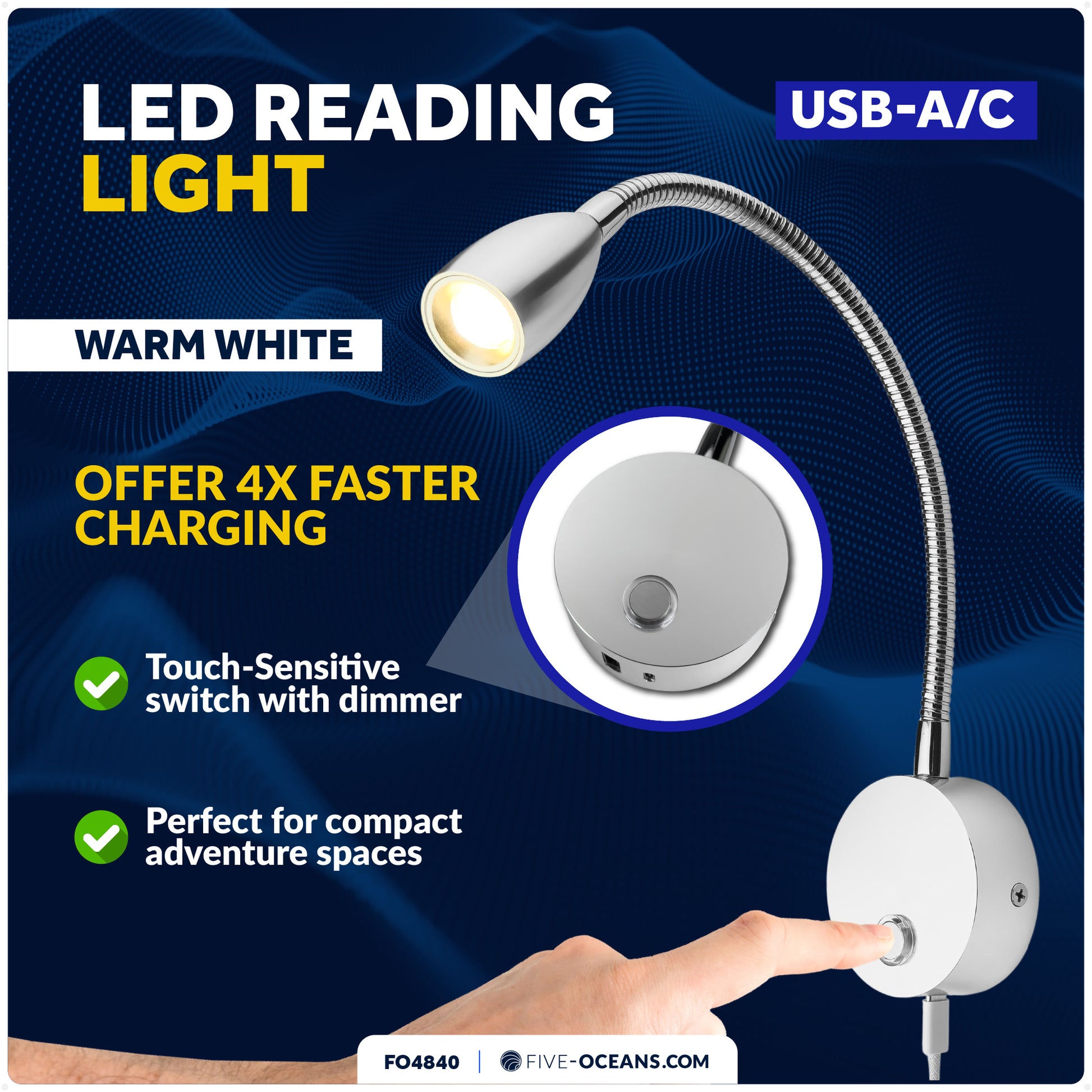 RV LED Reading Light, Touch Dimmer, USB-A/C, Warm White, 200 LM, 10-30V DC- FO4840 - Five Oceans