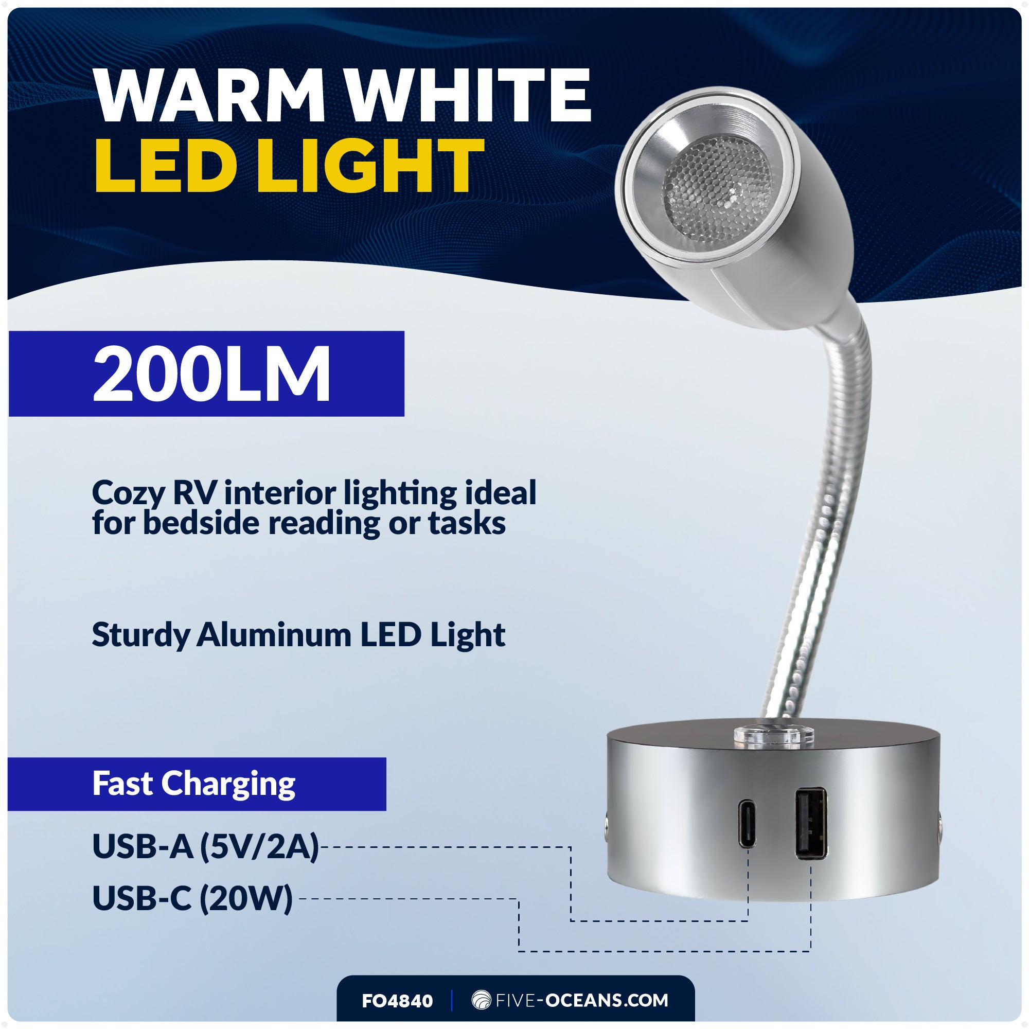 RV LED Reading Light, Touch Dimmer, USB-A/C, Warm White, 200 LM, 10-30V DC- FO4840 - Five Oceans