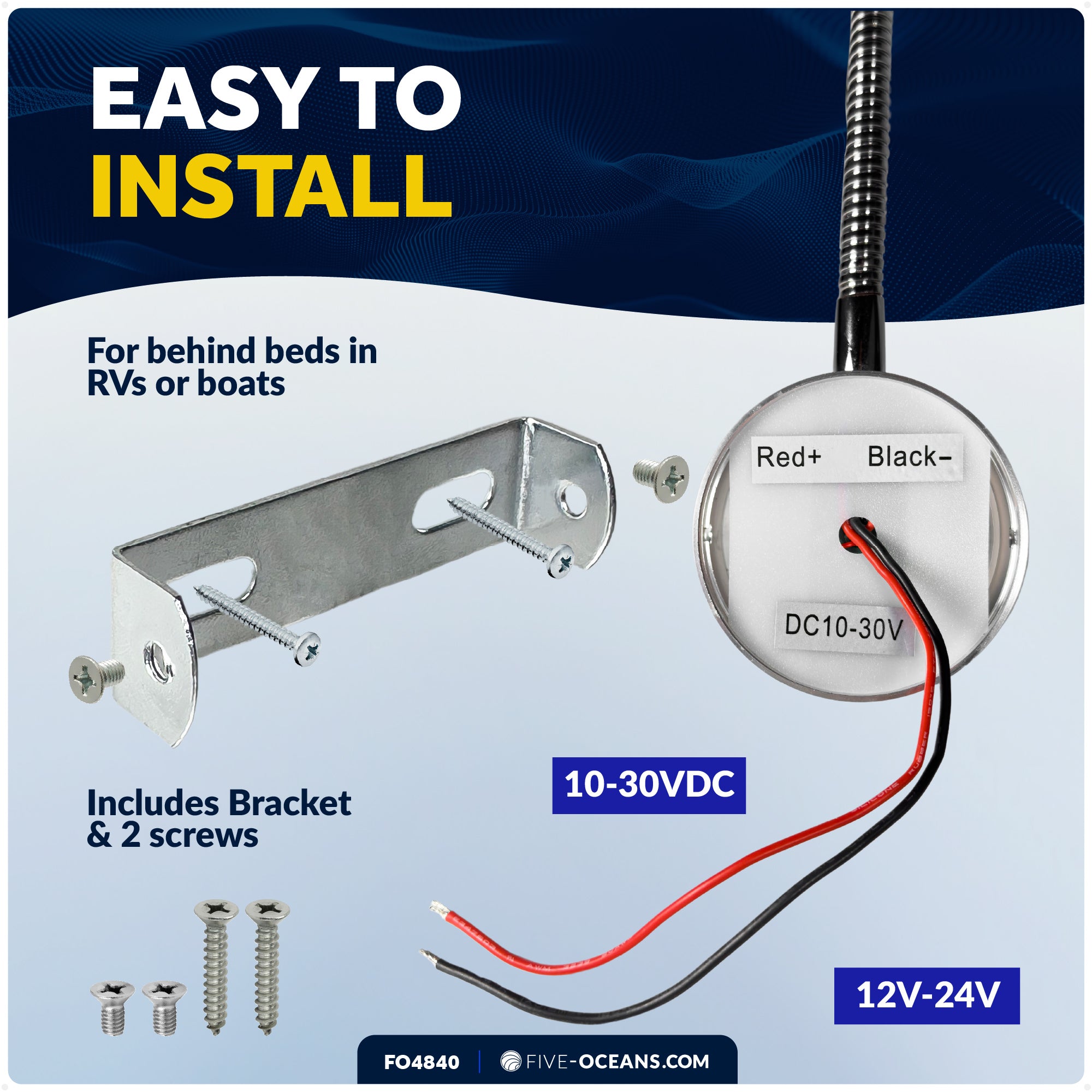 RV LED Reading Light, Touch Dimmer, USB-A/C, Warm White, 200 LM, 10-30V DC- FO4840 - Five Oceans
