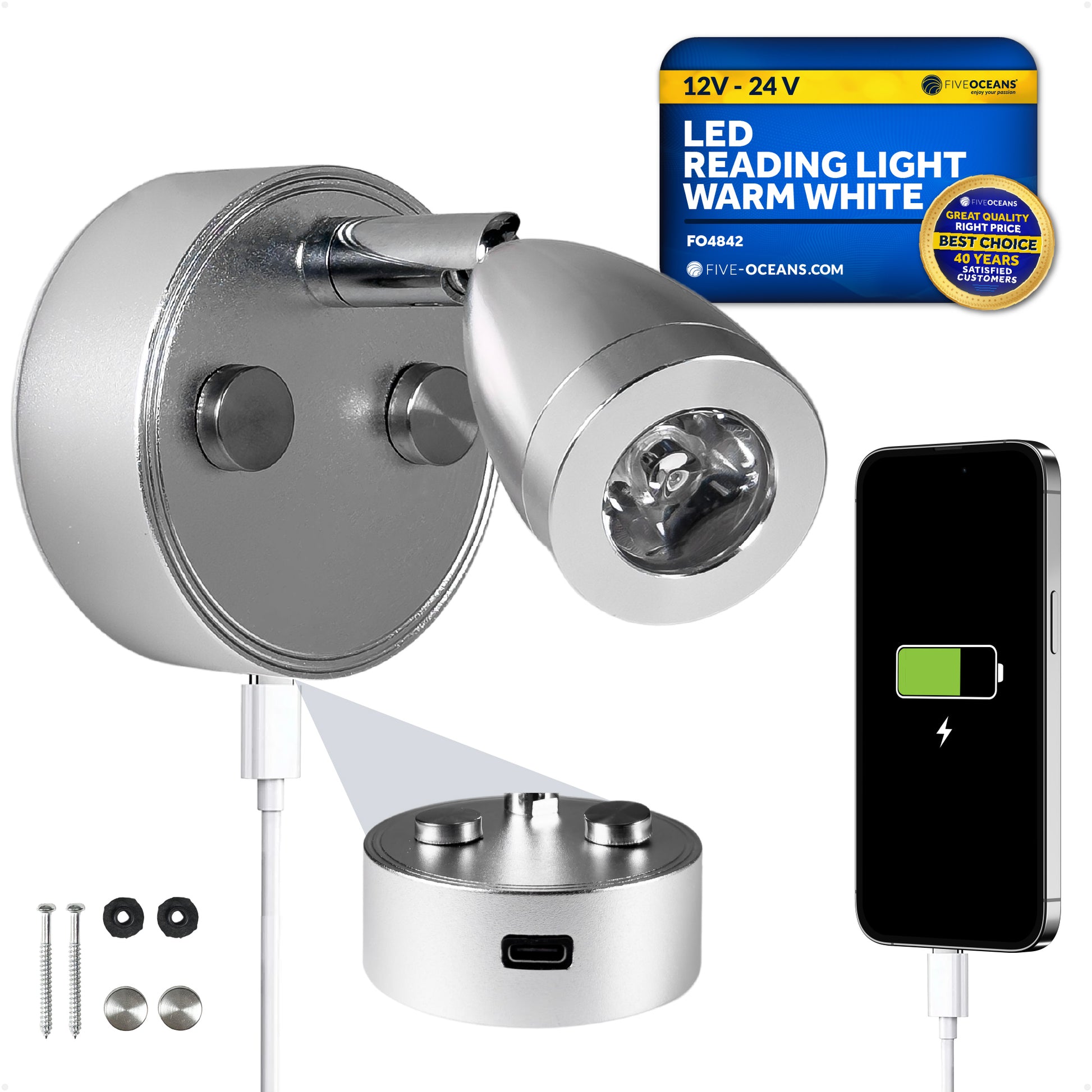 RV LED Reading Light with Touch Dimmer on Base/Housing/Swivel, USB-C, Warm White, 200LM, 10-28V DC- FO4842 - Five Oceans