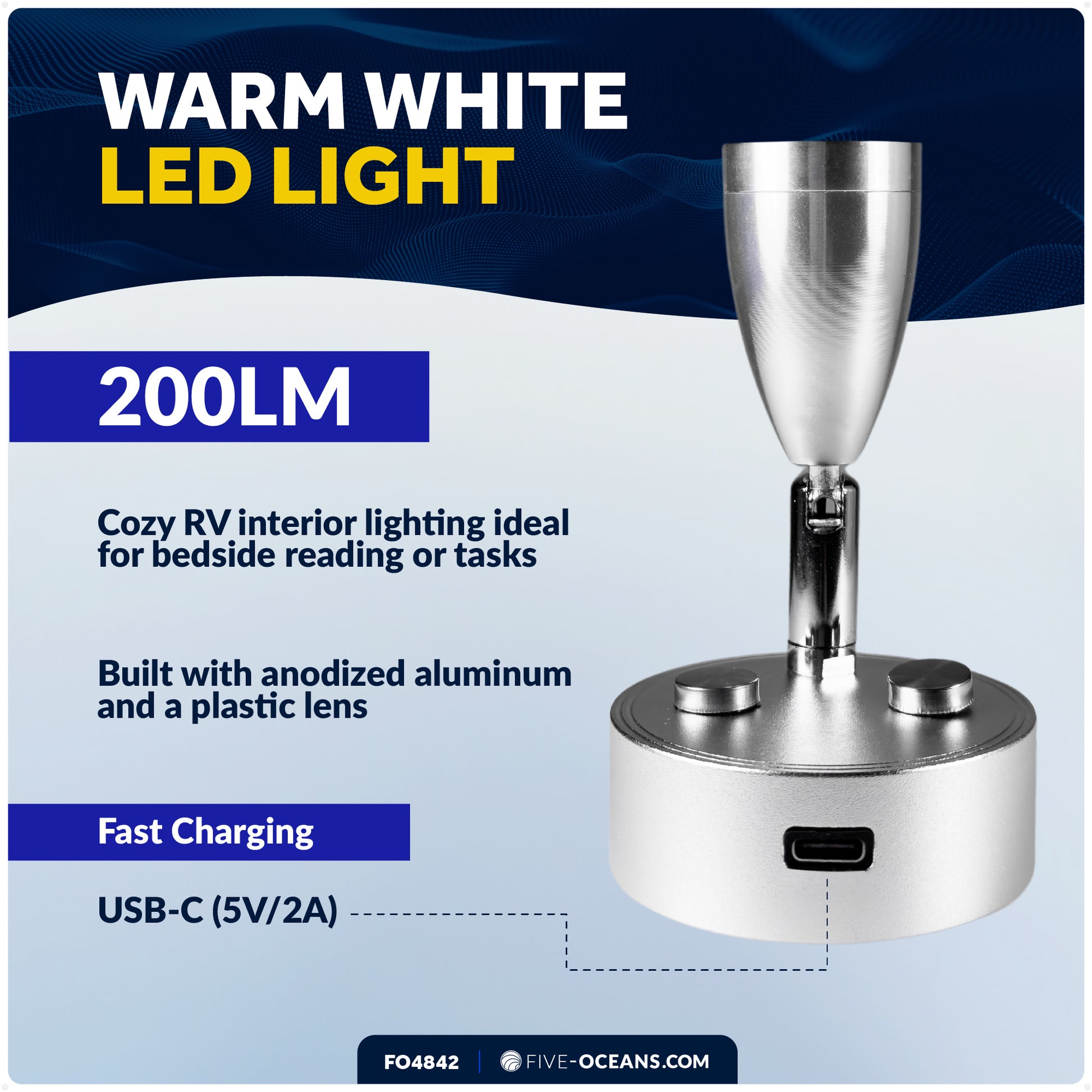 RV LED Reading Light with Touch Dimmer on Base/Housing/Swivel, USB-C, Warm White, 200LM, 10-28V DC- FO4842 - Five Oceans