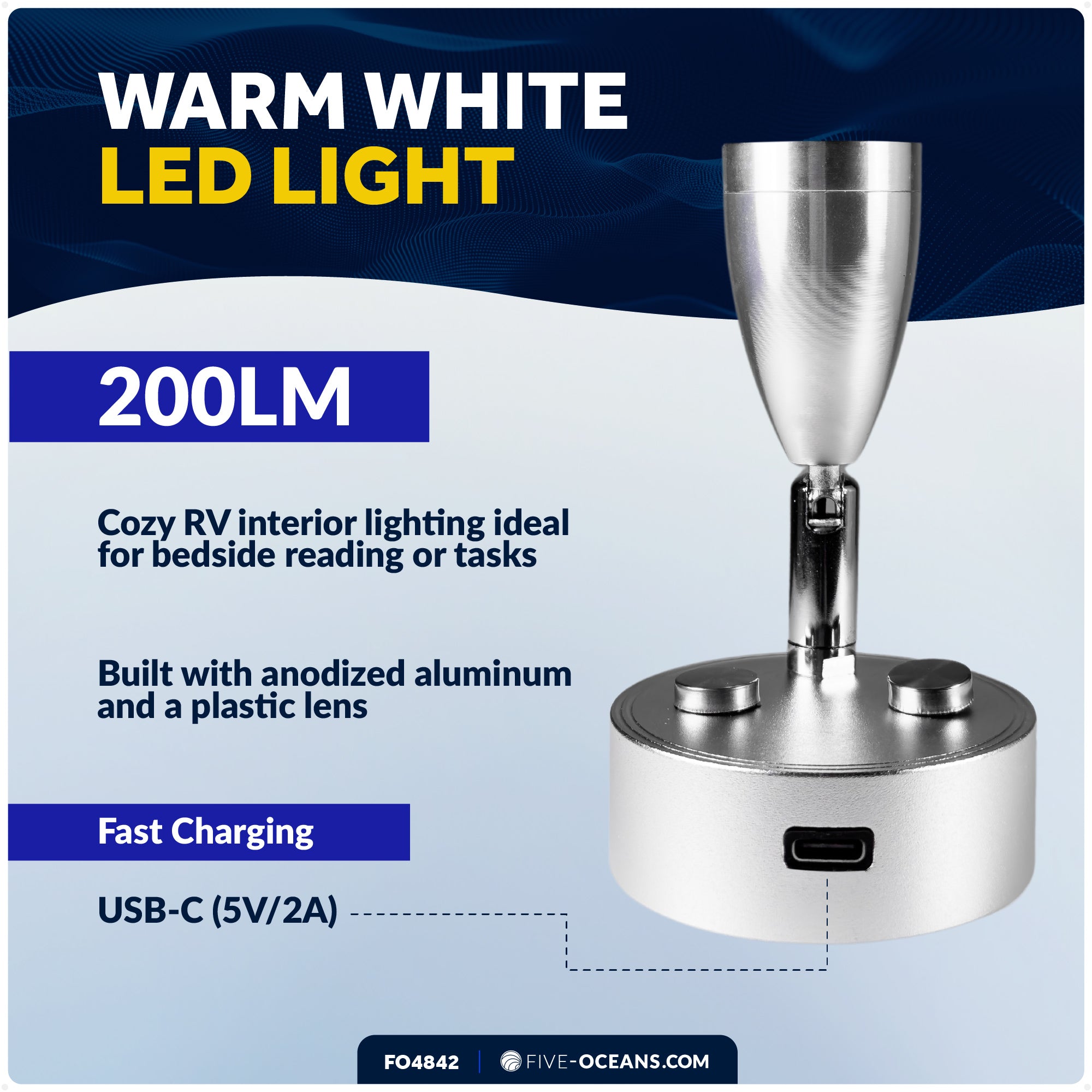 RV LED Reading Light with Touch Dimmer on Base/Housing/Swivel, USB-C, Warm White, 200LM, 10-28V DC- FO4842 - Five Oceans