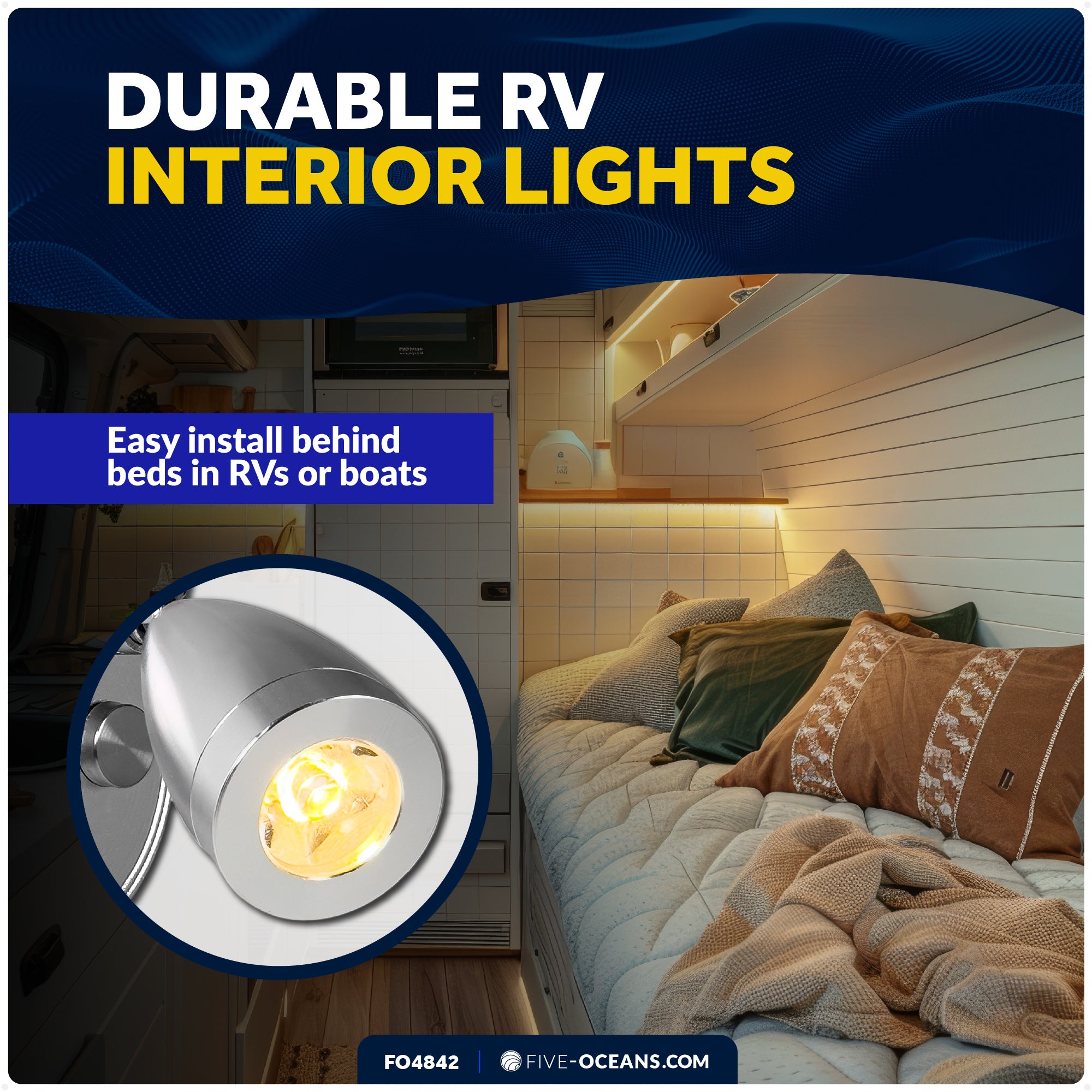 RV LED Reading Light with Touch Dimmer on Base/Housing/Swivel, USB-C, Warm White, 200LM, 10-28V DC- FO4842 - Five Oceans