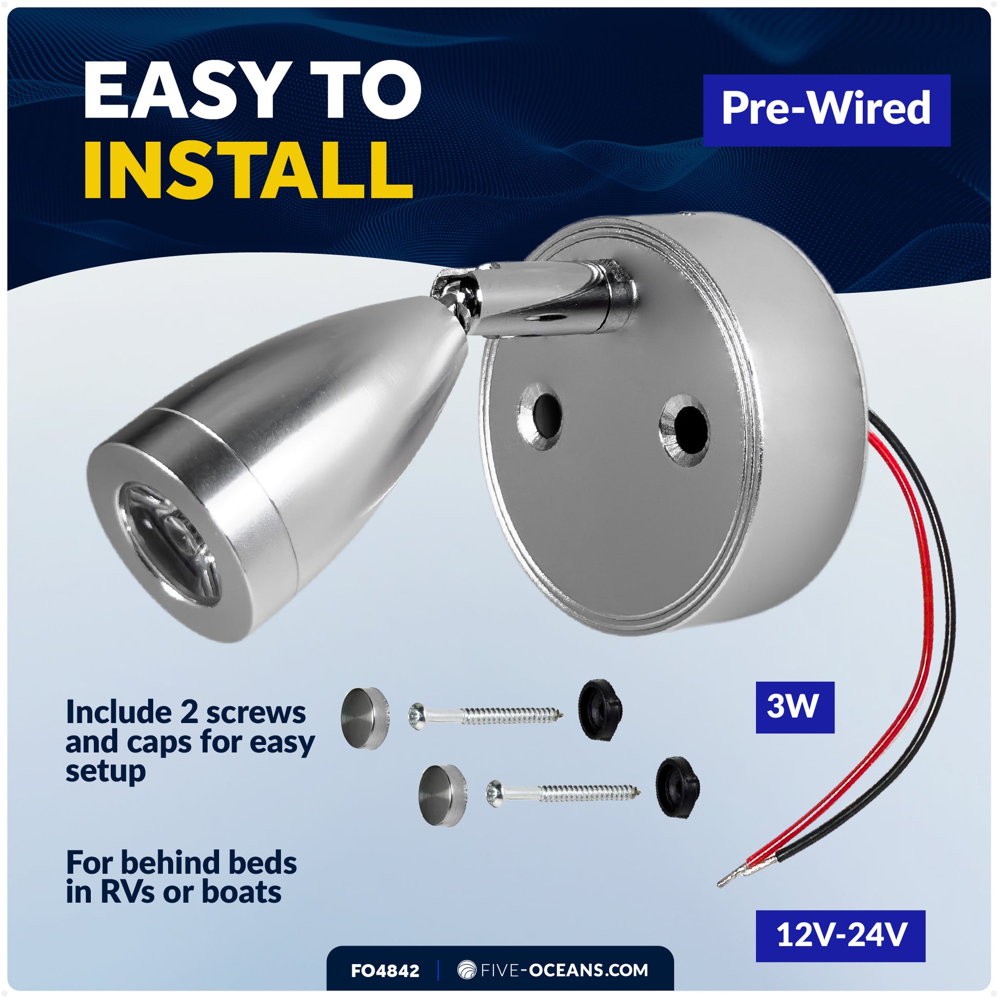 RV LED Reading Light with Touch Dimmer on Base/Housing/Swivel, USB-C, Warm White, 200LM, 10-28V DC- FO4842 - Five Oceans