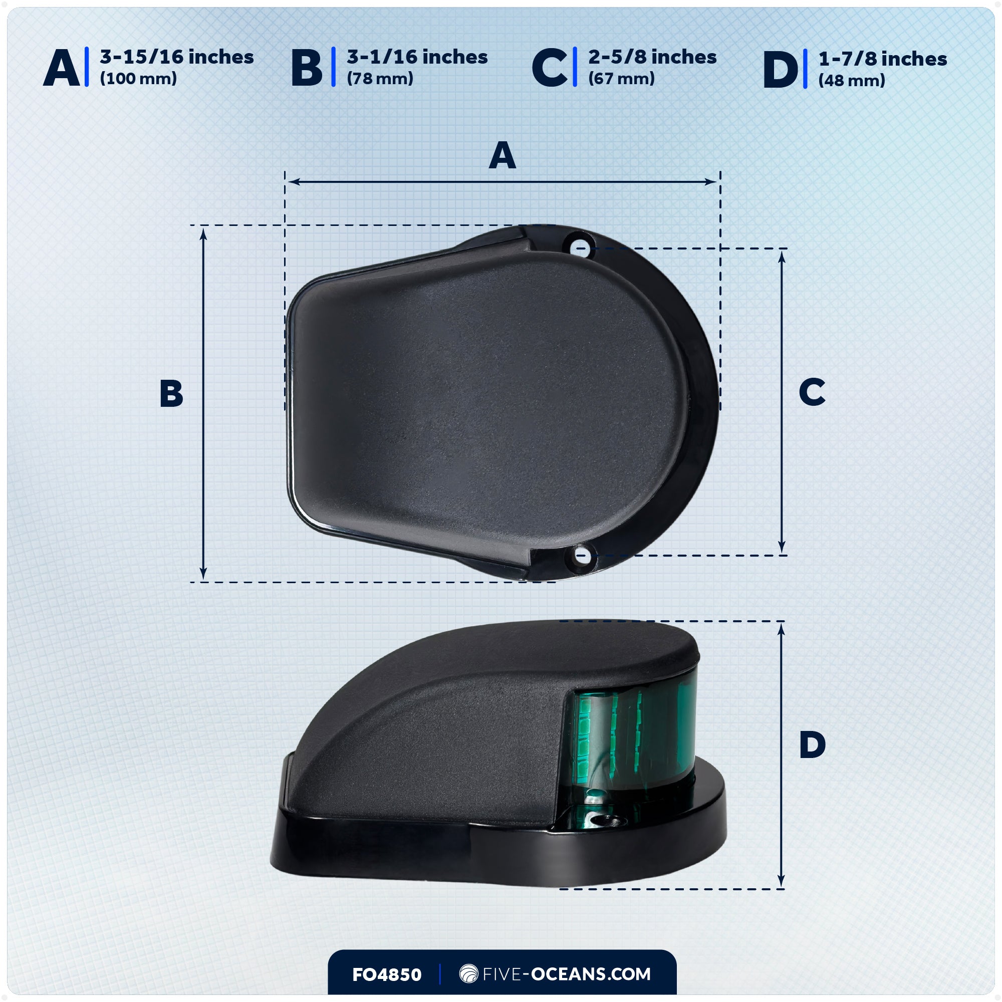 LED Bi-Color Bow Navigation Light, Black ABS Housing, IP67 Waterproof, 12-30V - FO4850 - Five Oceans