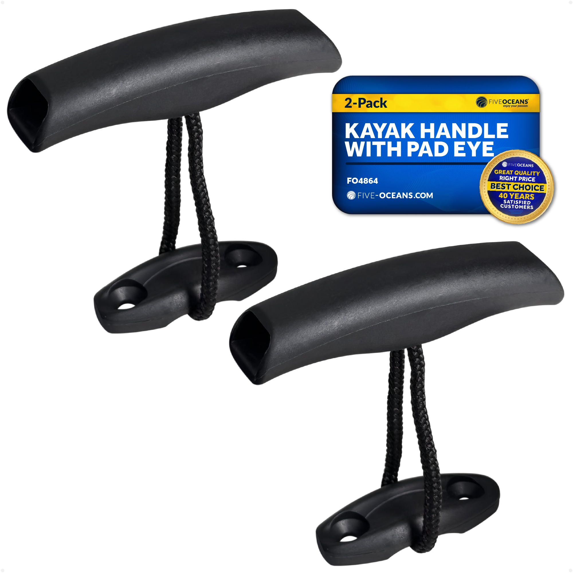 Kayak Handles with Heavy-Duty Cord and Pad Eye, Black - 2-Pack - FO4864 - Five Oceans