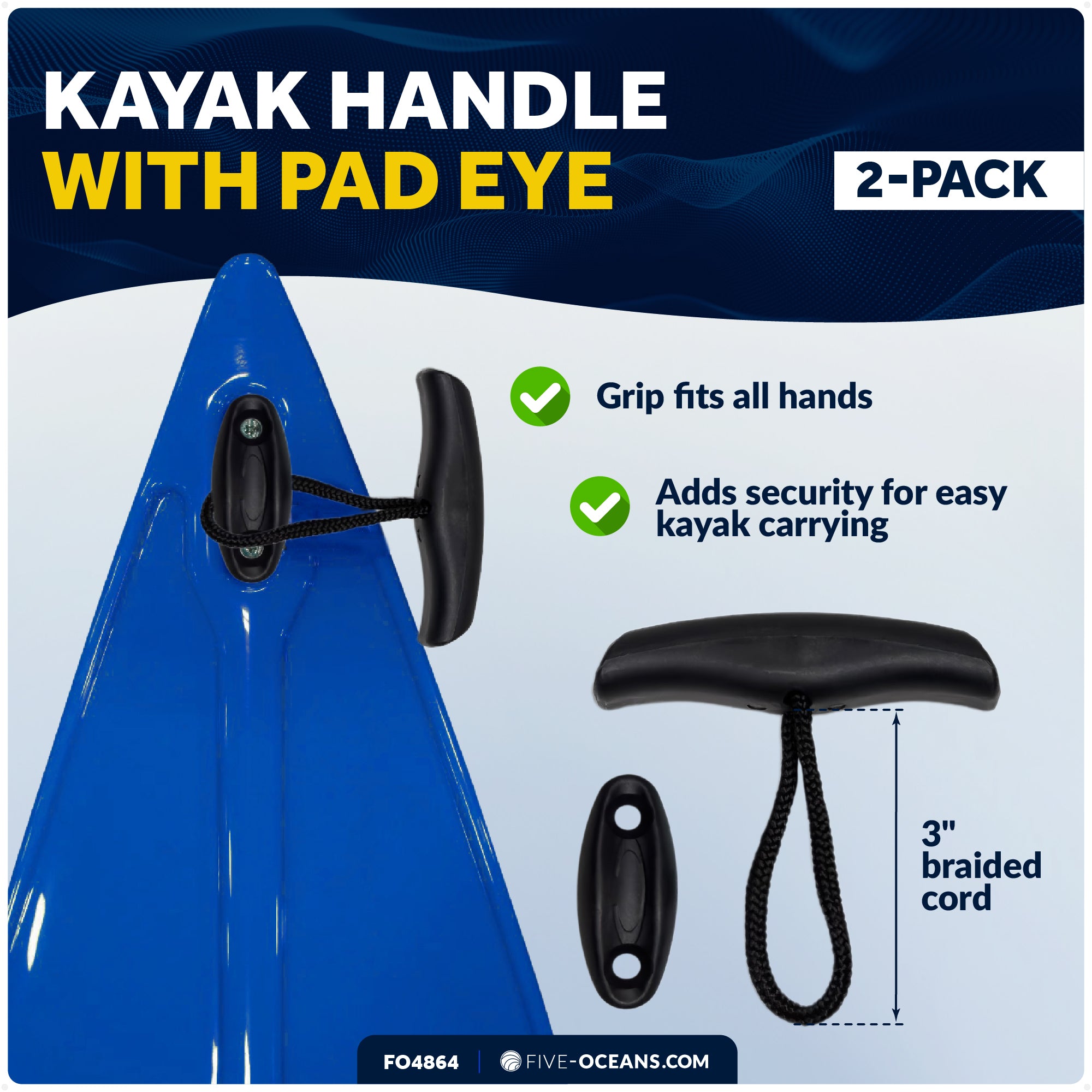 Kayak Handles with Heavy-Duty Cord and Pad Eye, Black - 2-Pack - FO4864 - Five Oceans