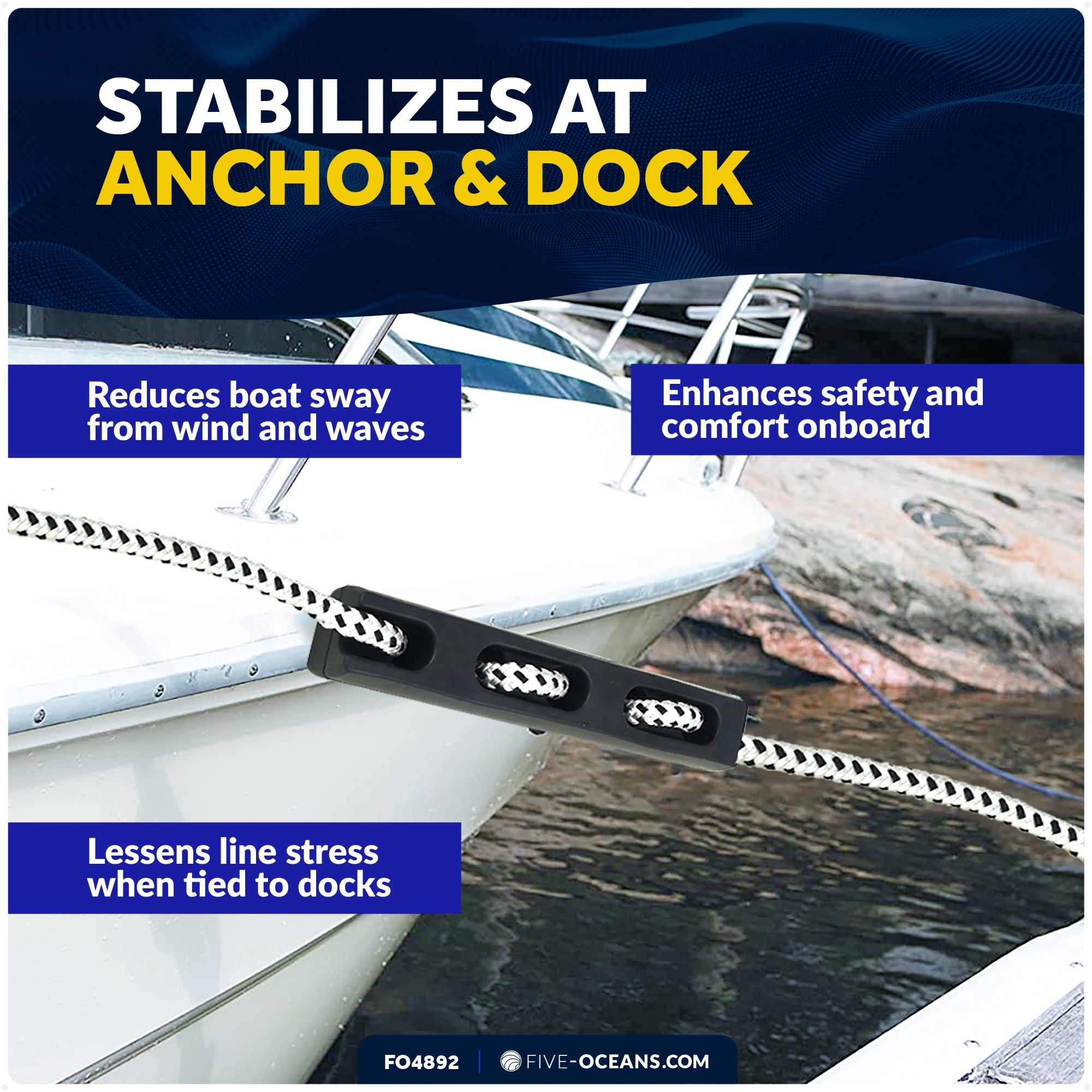 Marine Rubber Boat Dock Line Mooring Snubbers, 1/2" to 9/16" Rope (12mm-14mm), EPDM Rubber - FO4892 - Five Oceans